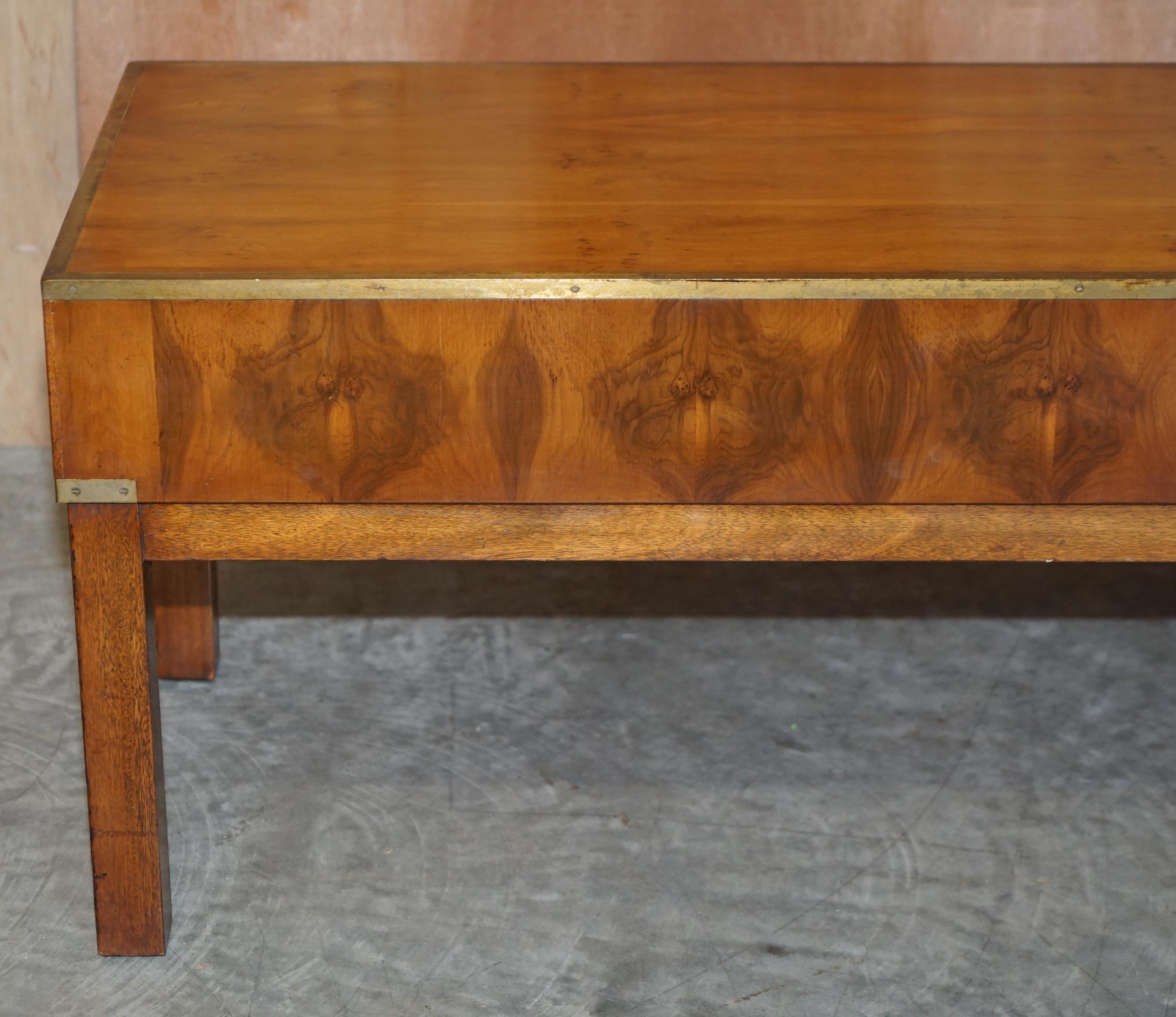 Lovely Restored Burr Walnut & Brass Military Campaign Three Drawer Coffee Table For Sale 8