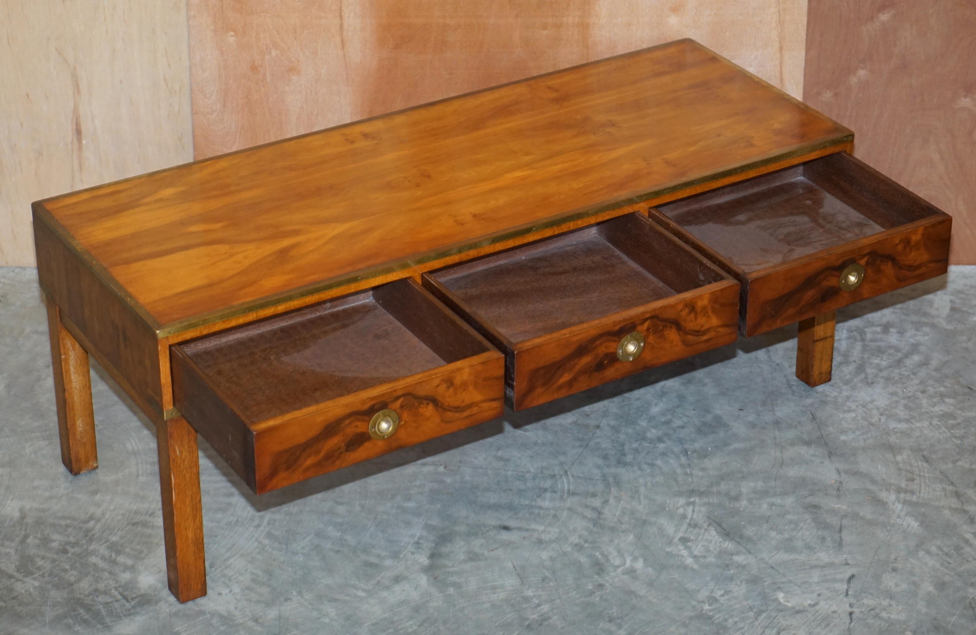 Lovely Restored Burr Walnut & Brass Military Campaign Three Drawer Coffee Table For Sale 9