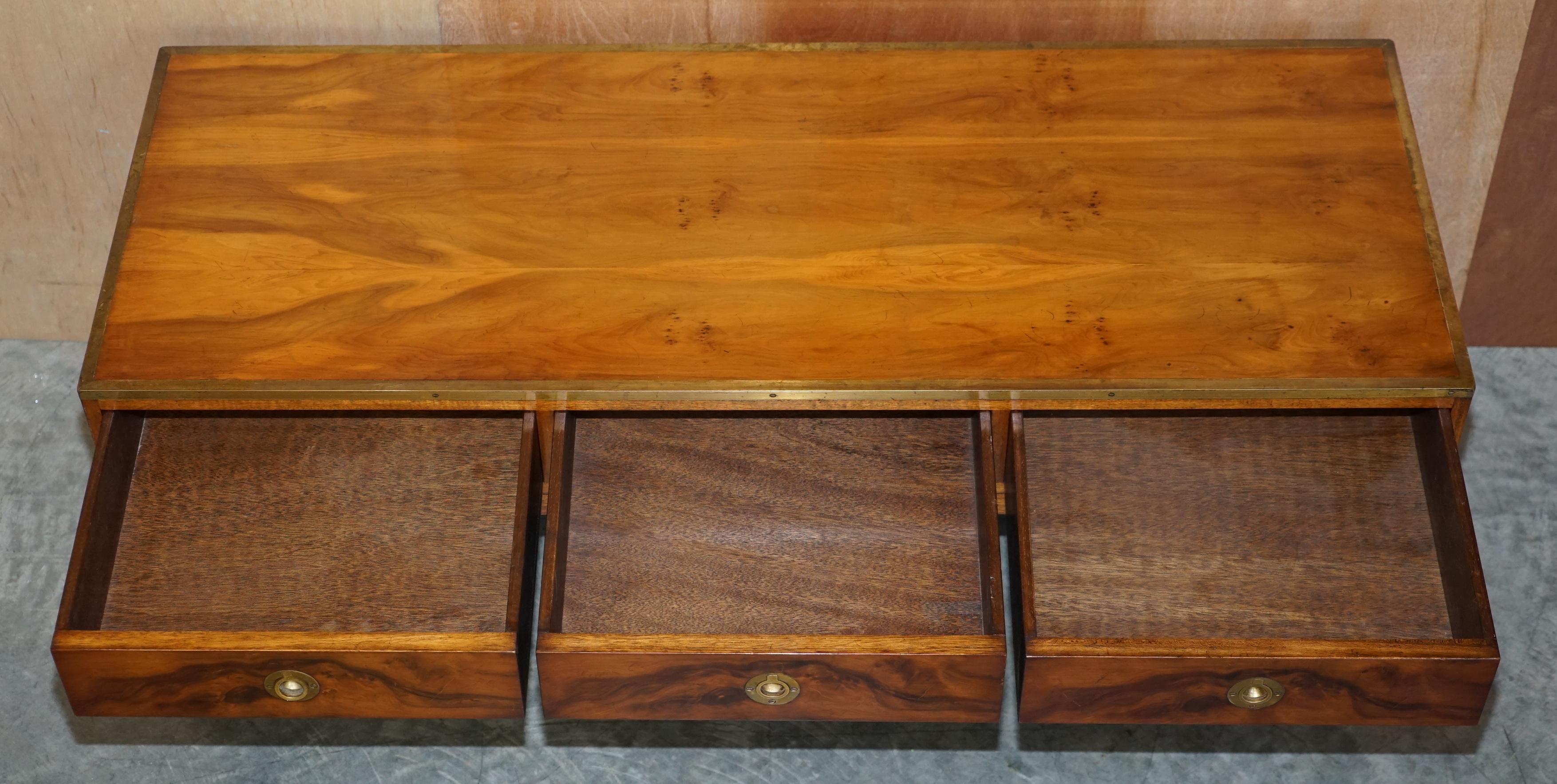 Lovely Restored Burr Walnut & Brass Military Campaign Three Drawer Coffee Table For Sale 11
