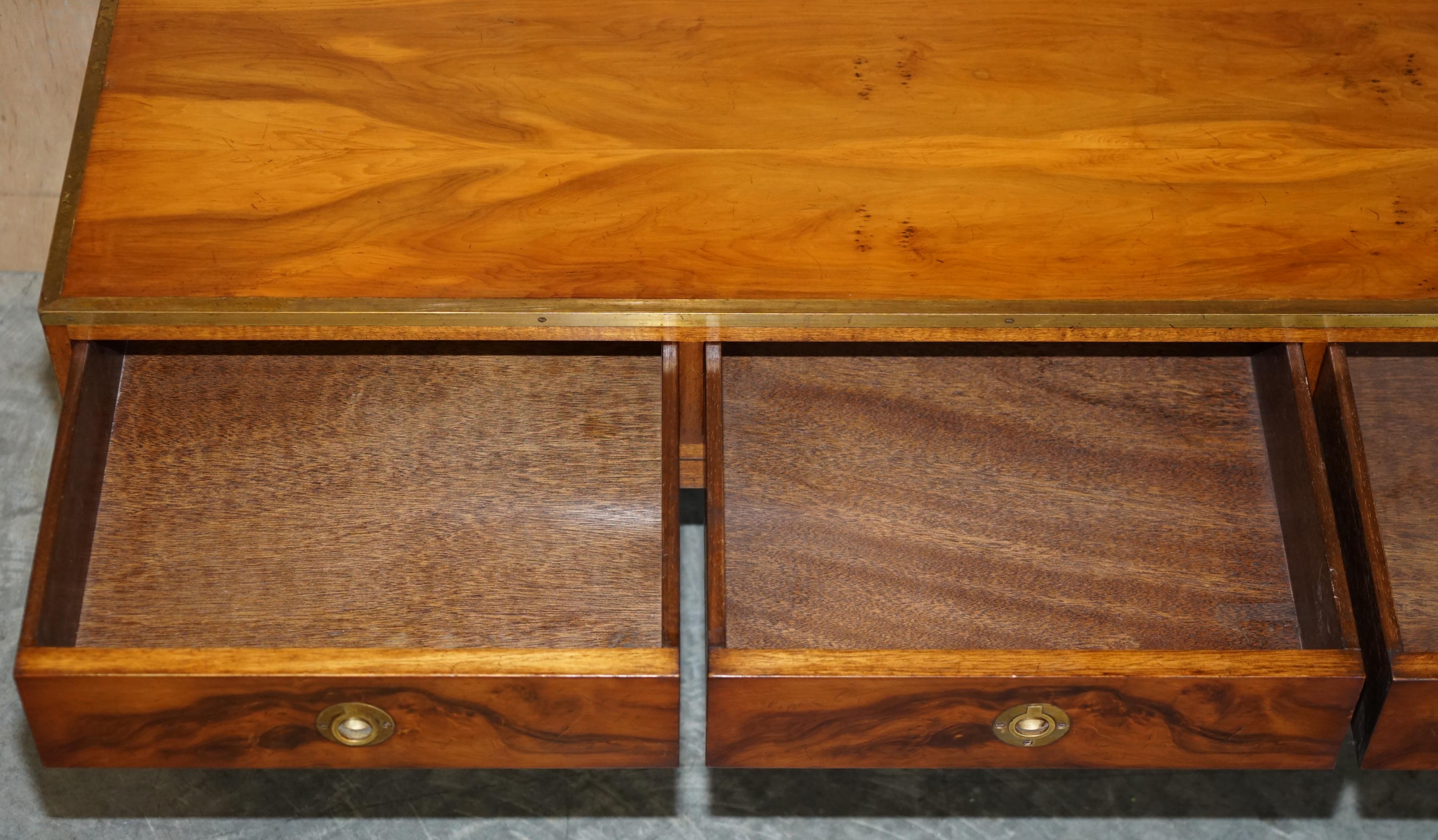 Lovely Restored Burr Walnut & Brass Military Campaign Three Drawer Coffee Table For Sale 12