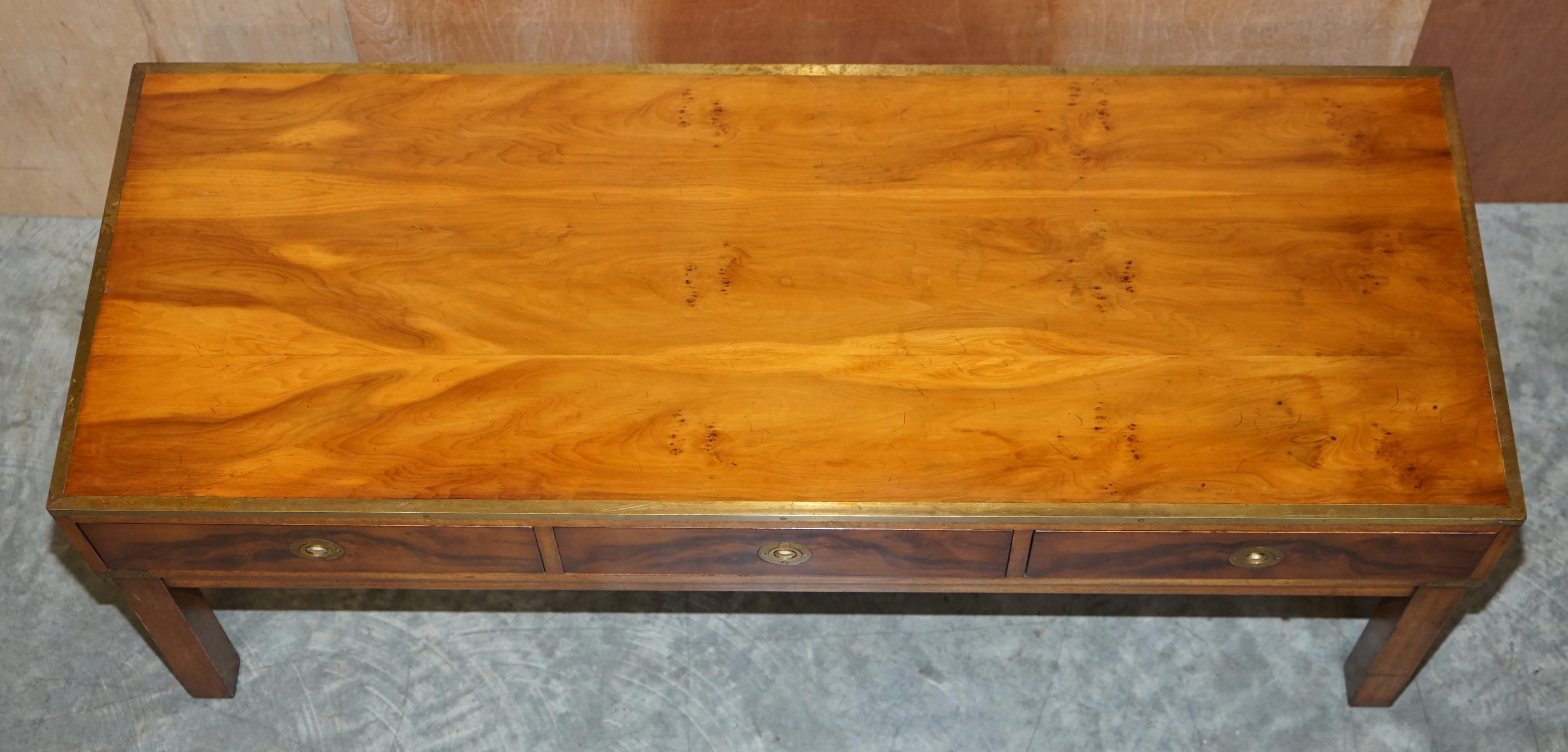English Lovely Restored Burr Walnut & Brass Military Campaign Three Drawer Coffee Table For Sale