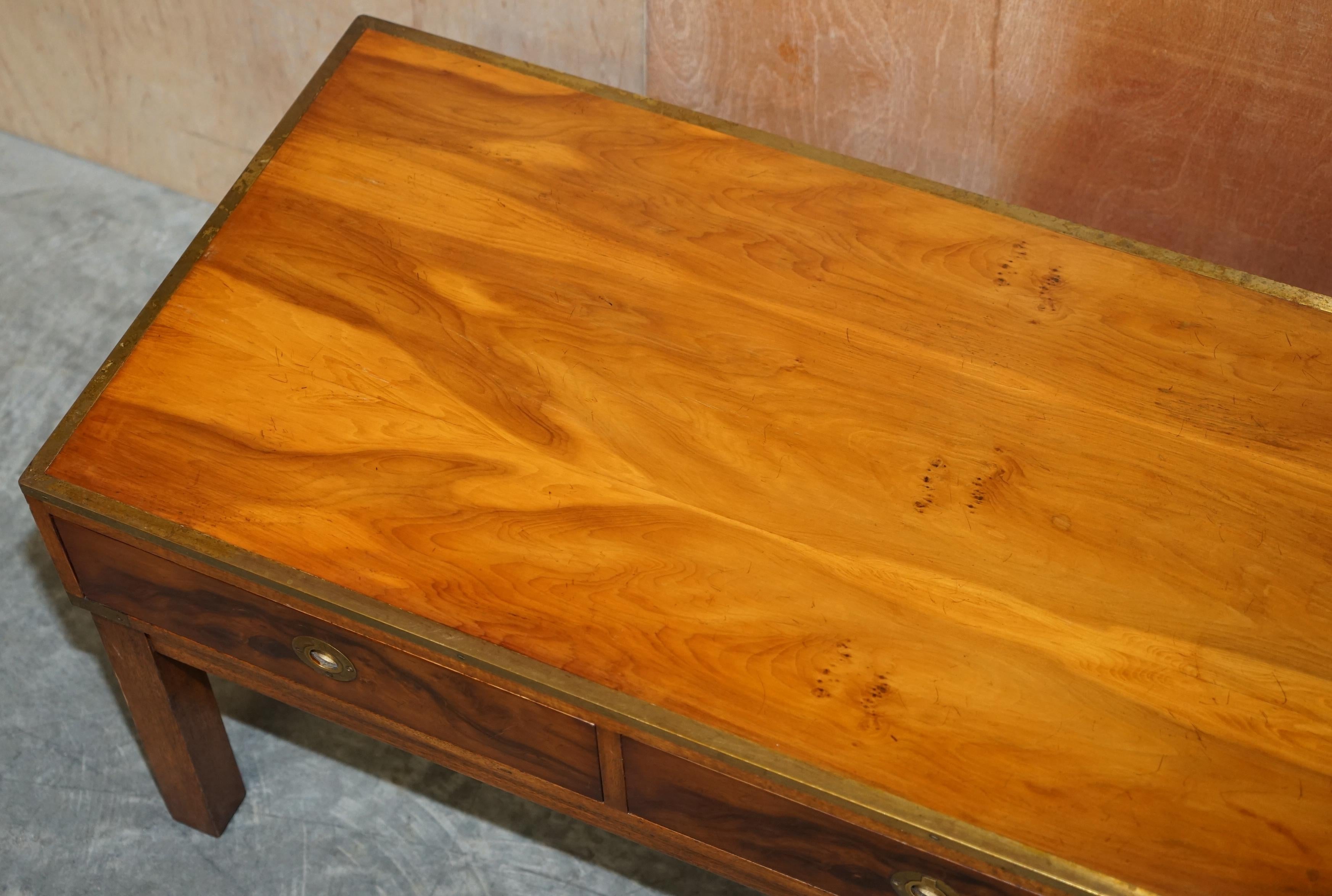 Hand-Crafted Lovely Restored Burr Walnut & Brass Military Campaign Three Drawer Coffee Table For Sale