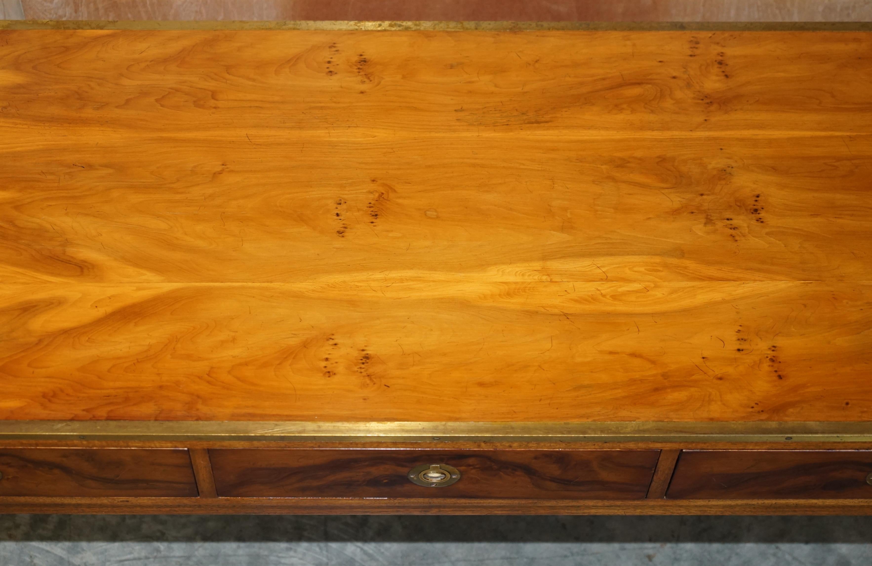 20th Century Lovely Restored Burr Walnut & Brass Military Campaign Three Drawer Coffee Table For Sale