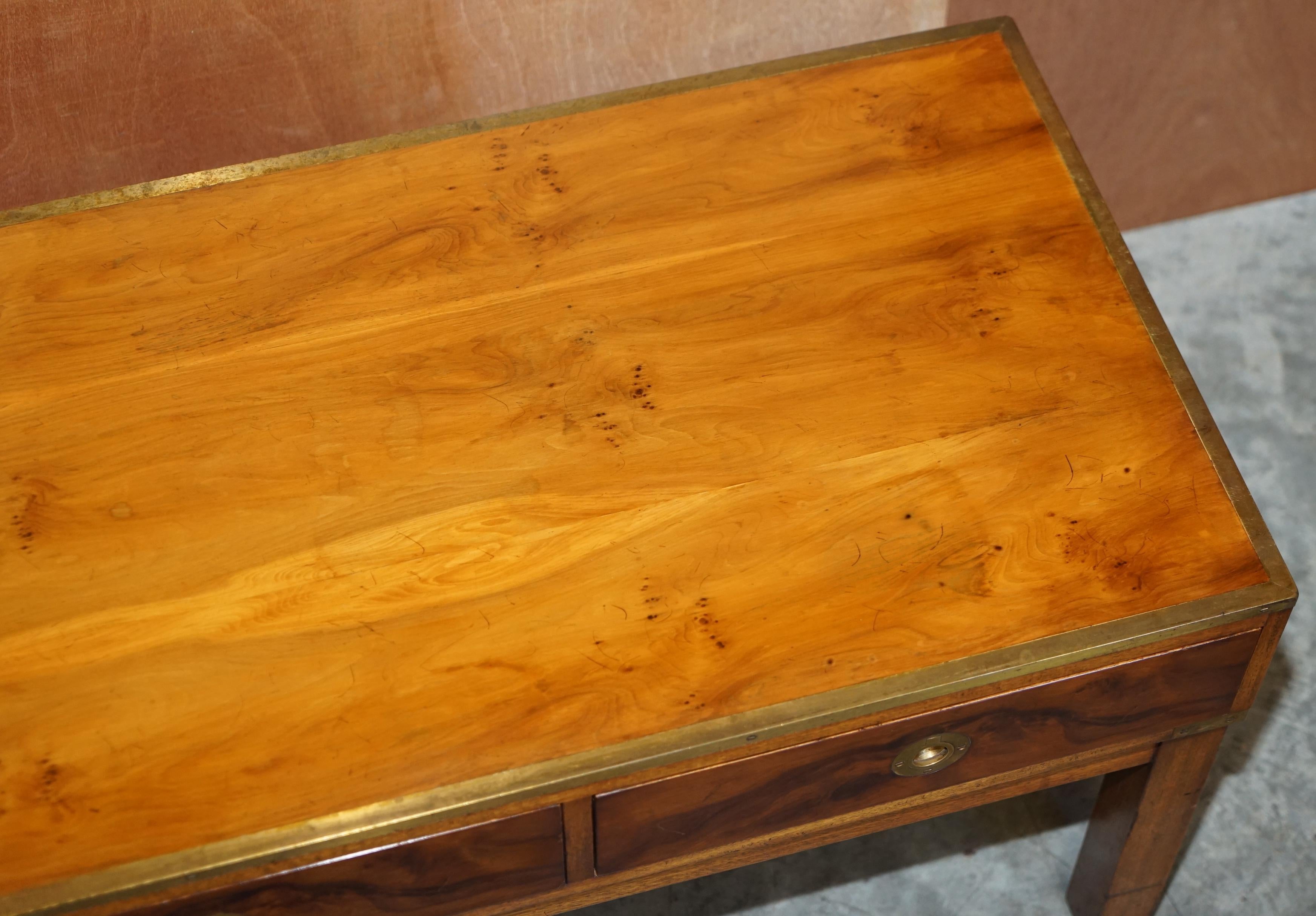 Lovely Restored Burr Walnut & Brass Military Campaign Three Drawer Coffee Table For Sale 1