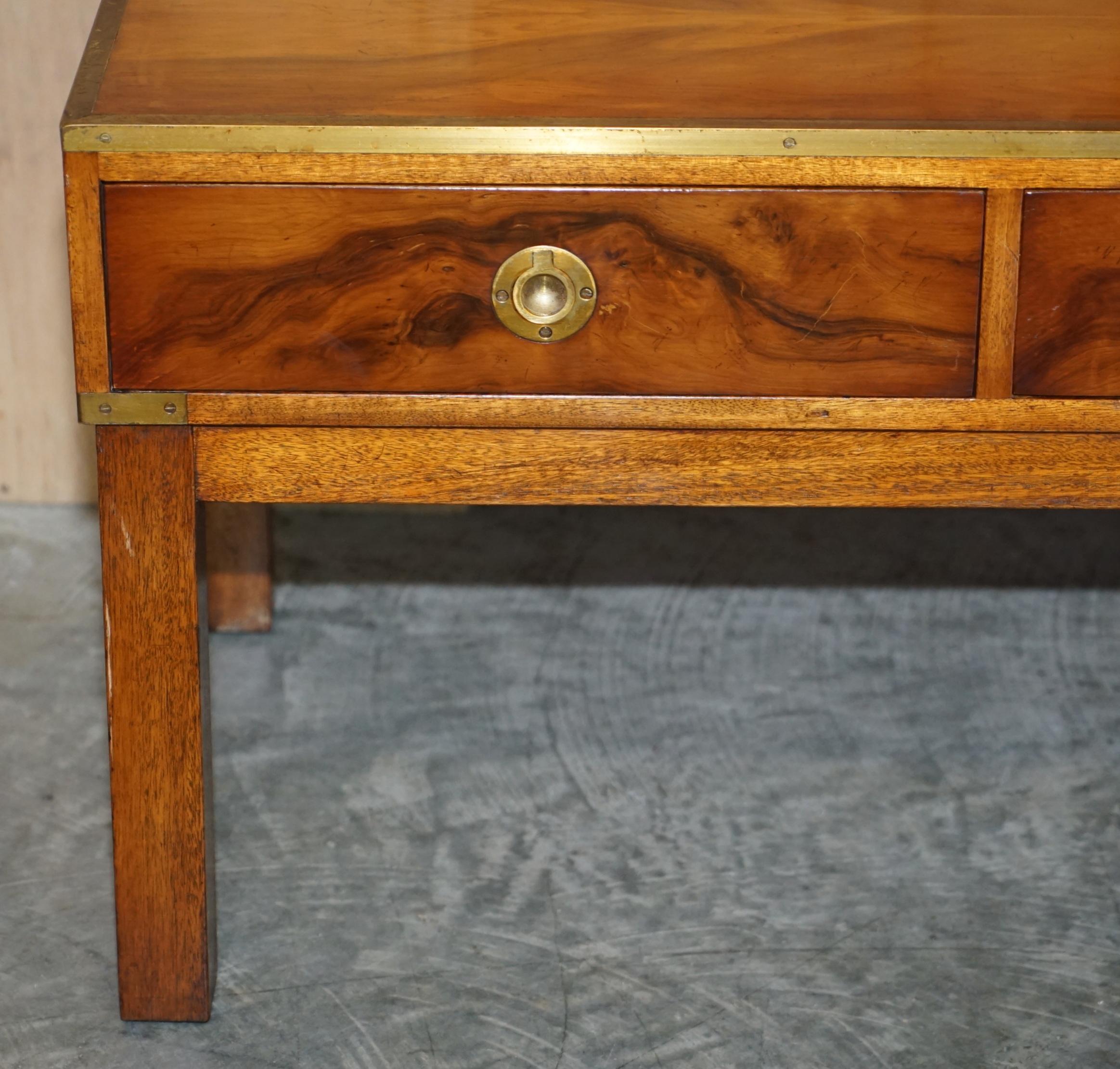 Lovely Restored Burr Walnut & Brass Military Campaign Three Drawer Coffee Table For Sale 2