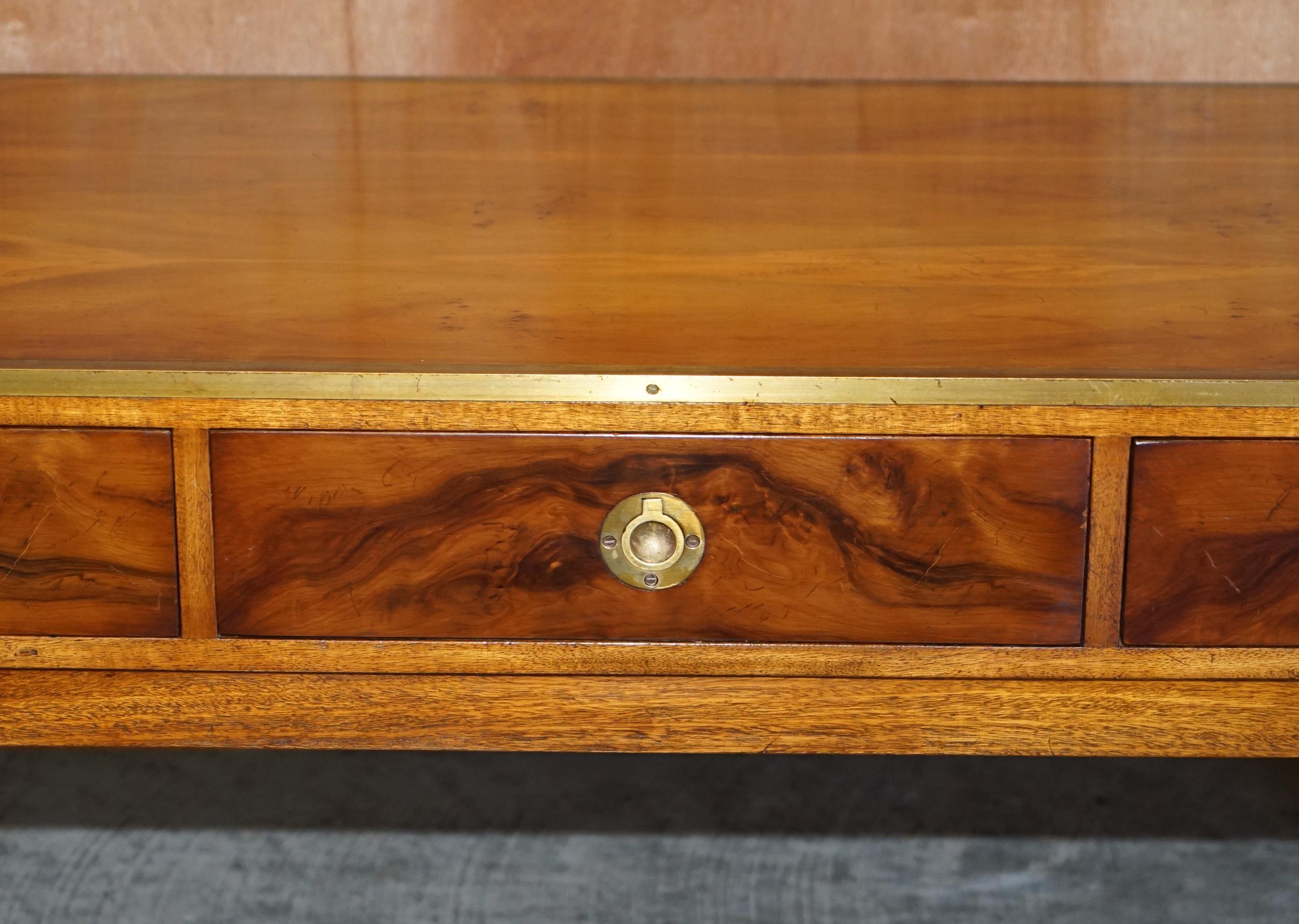 Lovely Restored Burr Walnut & Brass Military Campaign Three Drawer Coffee Table For Sale 3