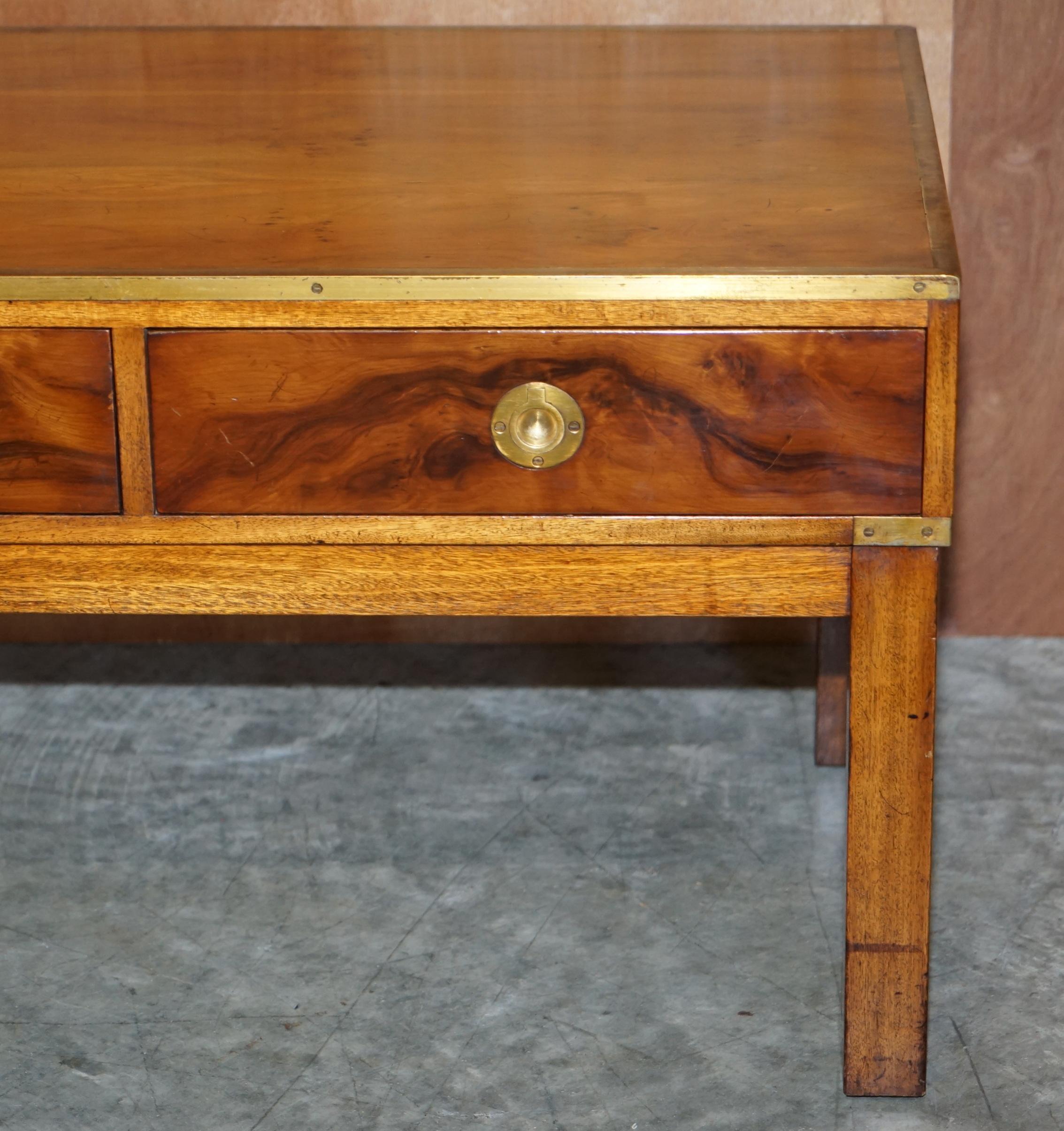 Lovely Restored Burr Walnut & Brass Military Campaign Three Drawer Coffee Table For Sale 4