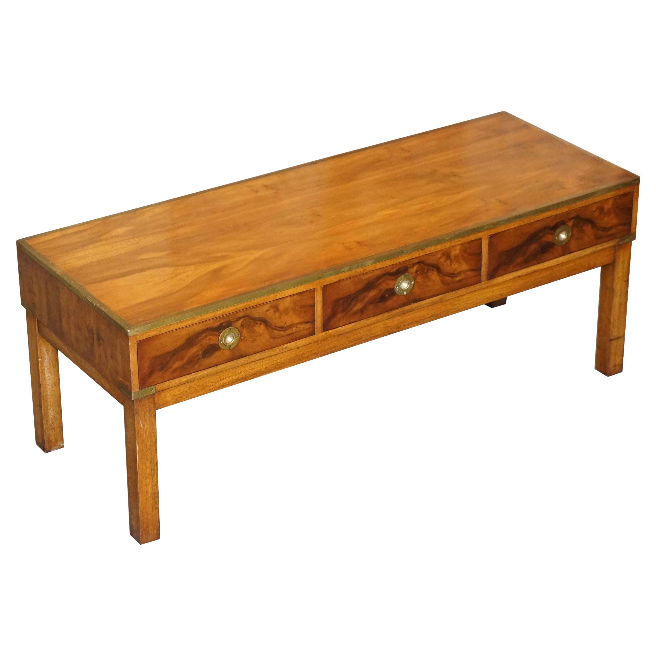 Lovely Restored Burr Walnut & Brass Military Campaign Three Drawer Coffee Table For Sale