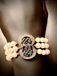 Bellissimi zaffiri blu in stile retrò, oro e  braccialetto con perle coltivate