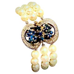 Bellissimi zaffiri blu in stile retrò, oro e  braccialetto con perle coltivate