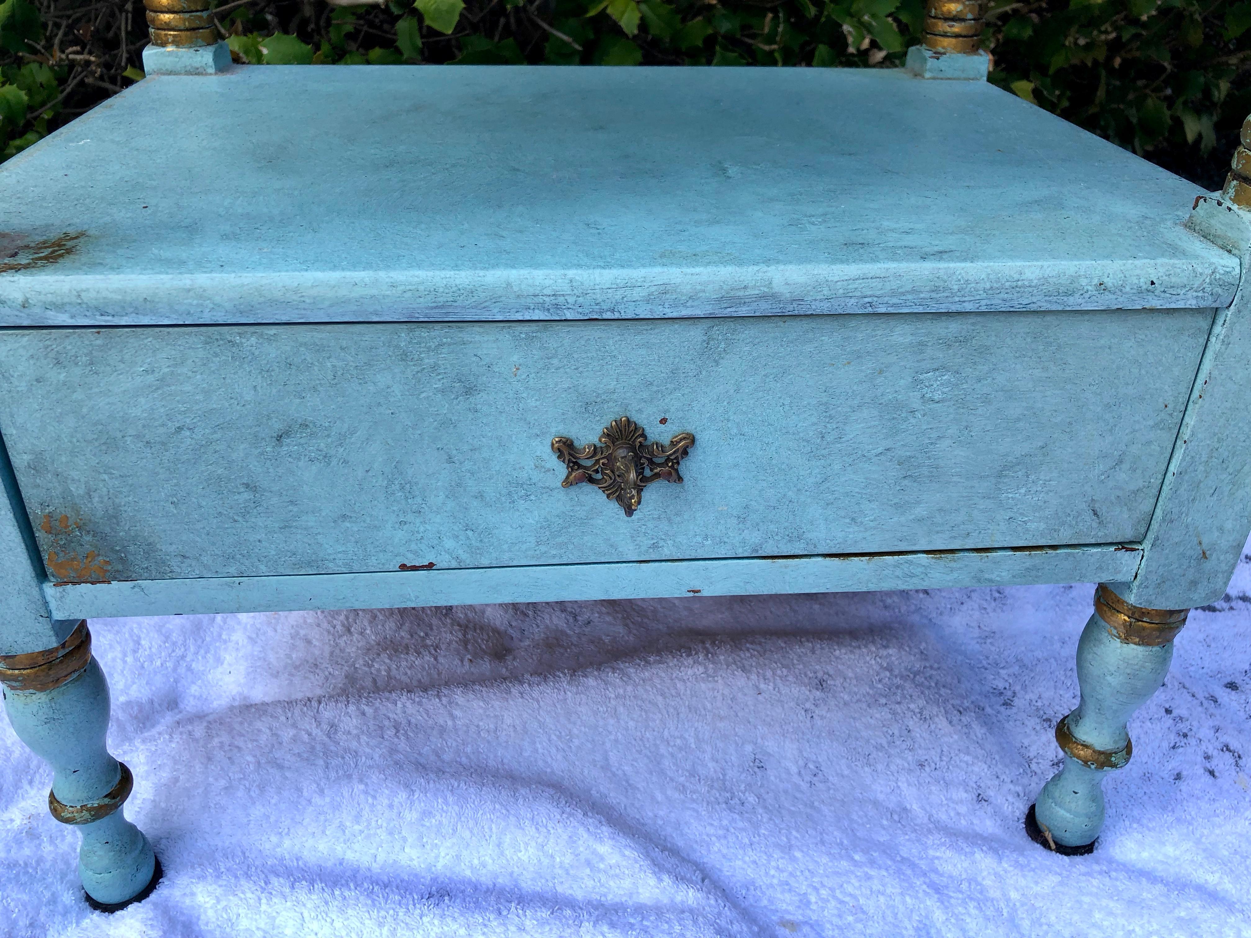 Lovely Robin's Egg Blue and Gilded Vintage Nightstand In Distressed Condition In Hopewell, NJ
