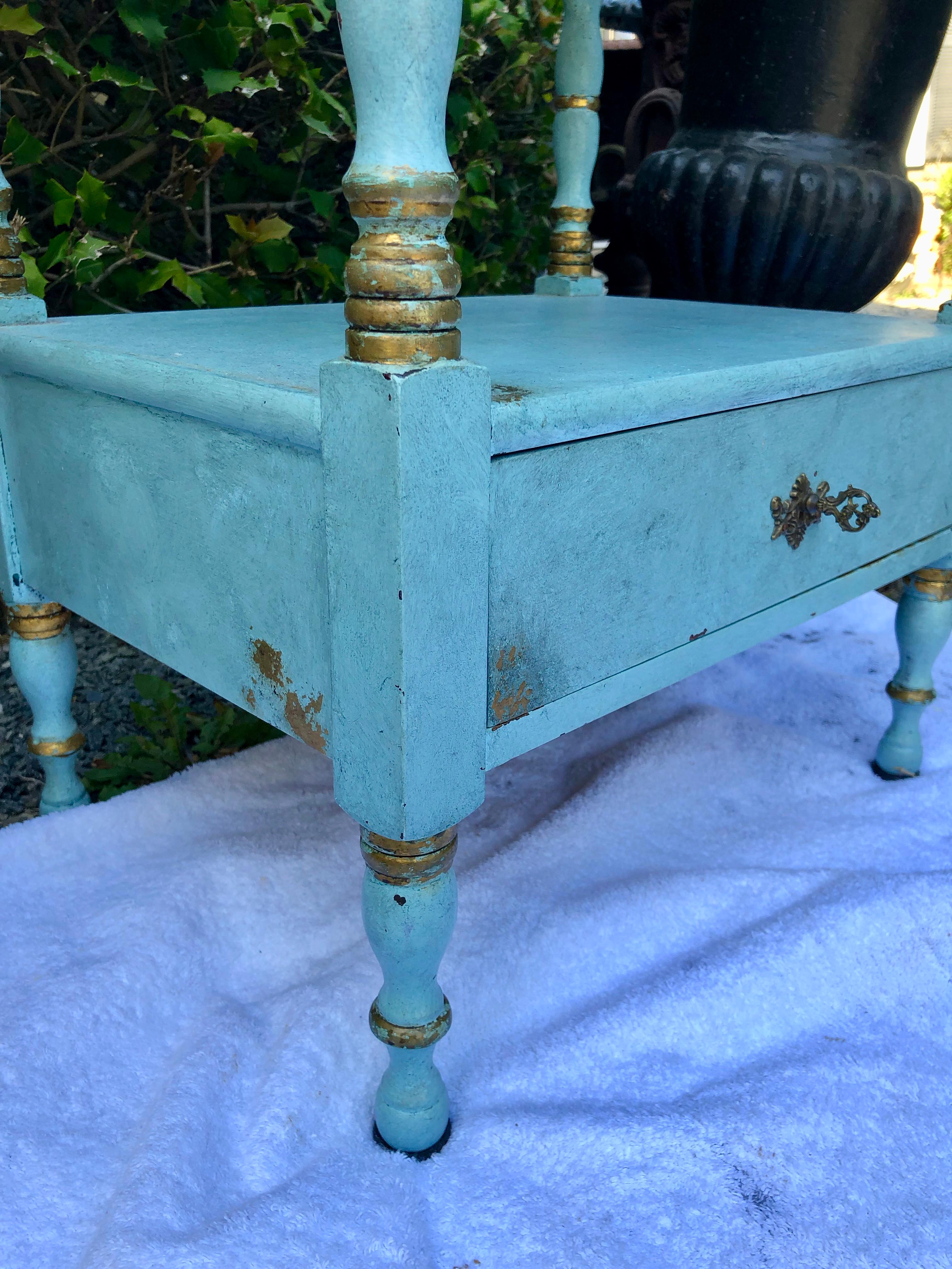 Wood Lovely Robin's Egg Blue and Gilded Vintage Nightstand