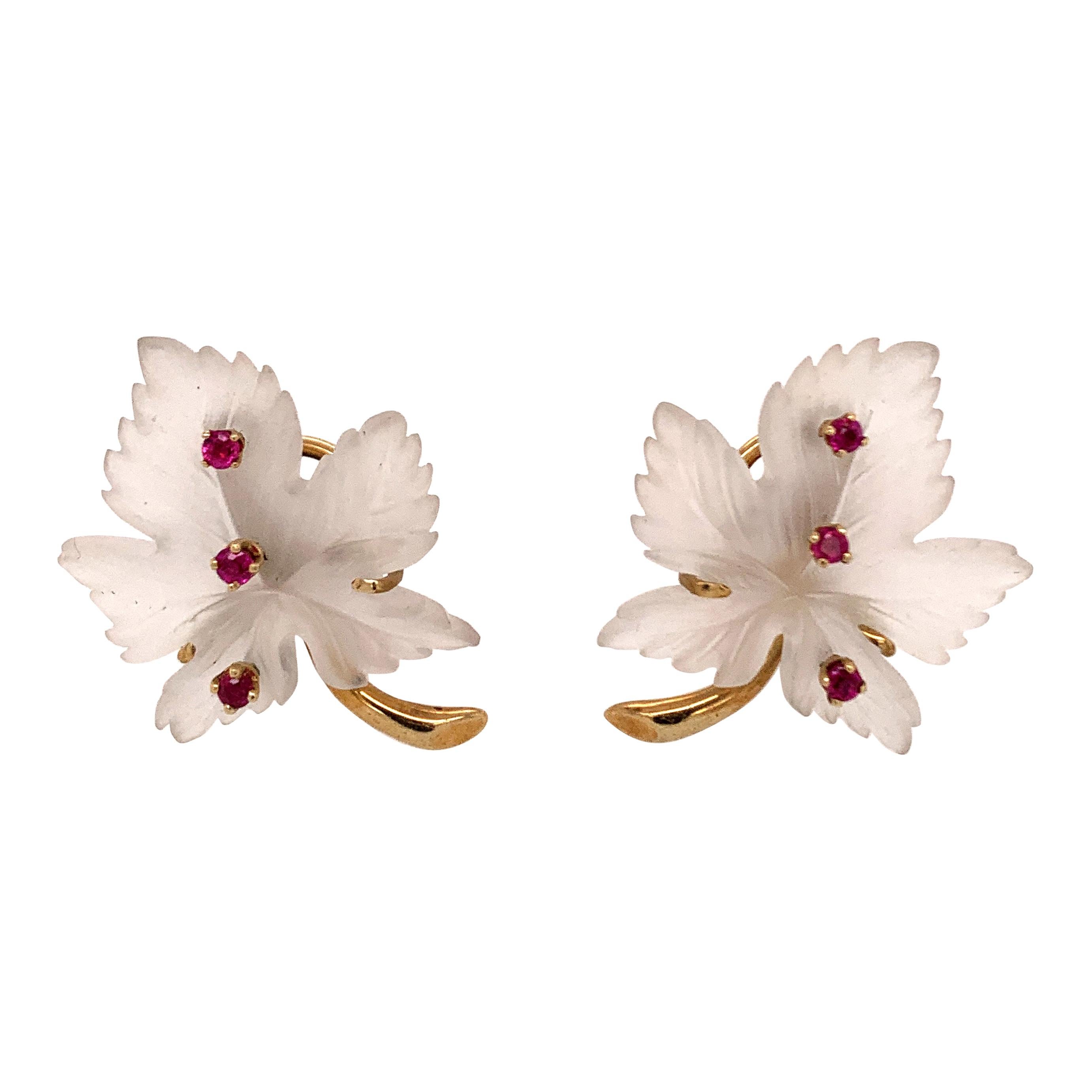 Lovely Rock Crystal Gold and Ruby Leaf Earrings