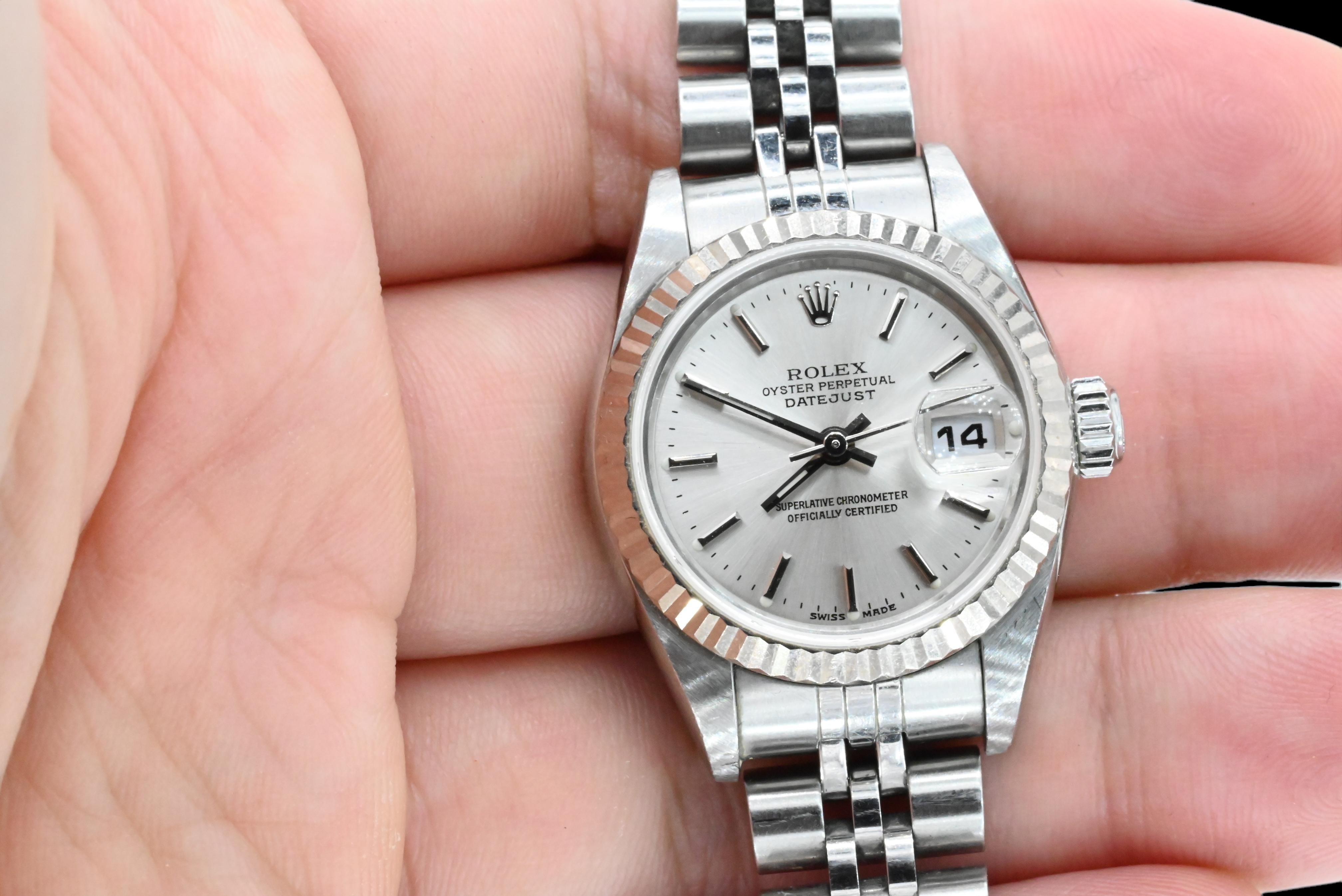Ready to go Ladies Rolex Wristwatch Model 79174
Made From Stainless Steel, The Best Quality of Course
Preowned Comes with Original Box & Papers 
Has Extra Link To Add Size
Automatic Winding 
18K White Gold Bezel 26 MM