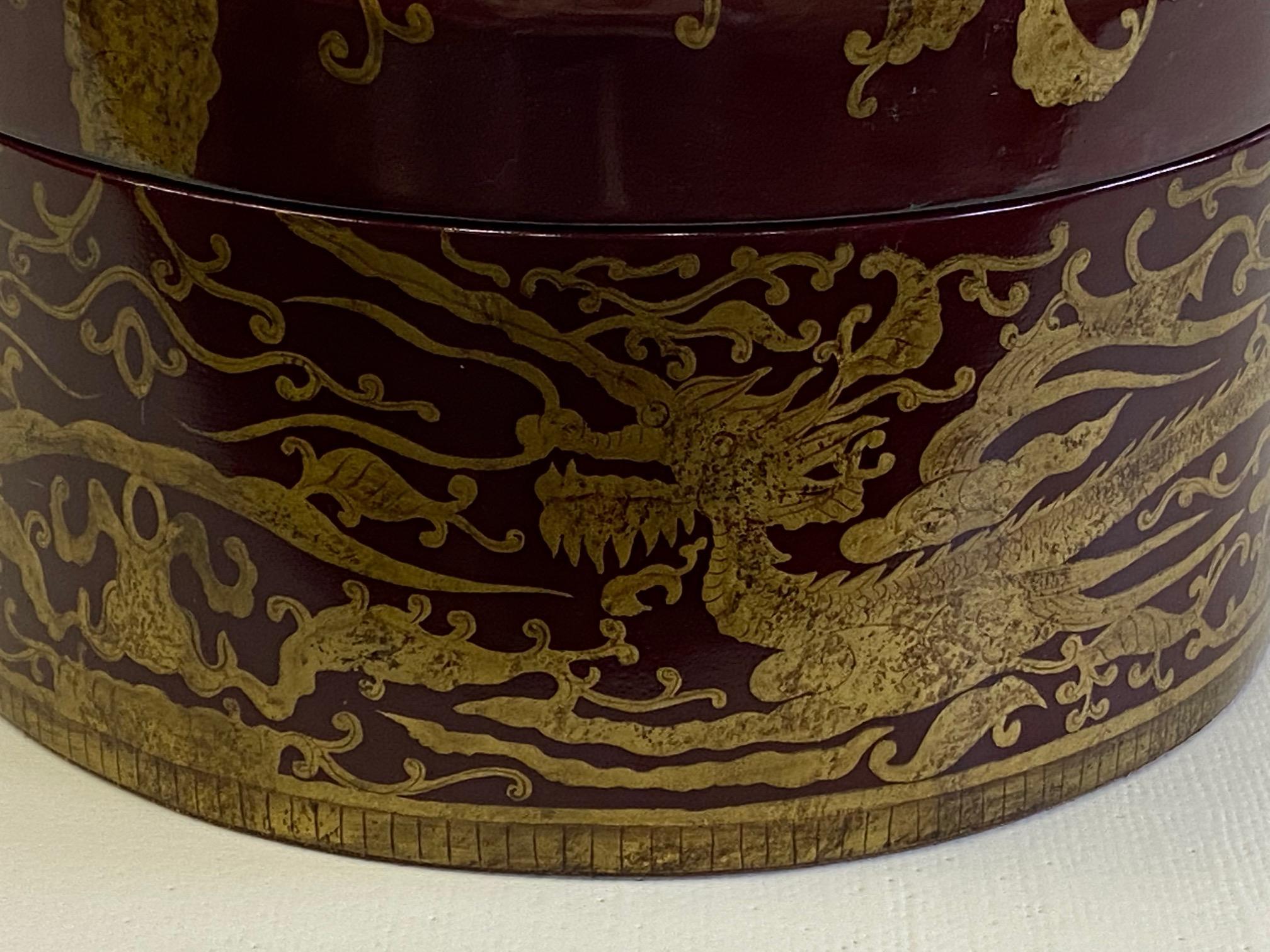Vietnamese Lovely Round Lidded Maitland Smith Red Lacquer & Giltwood Box For Sale