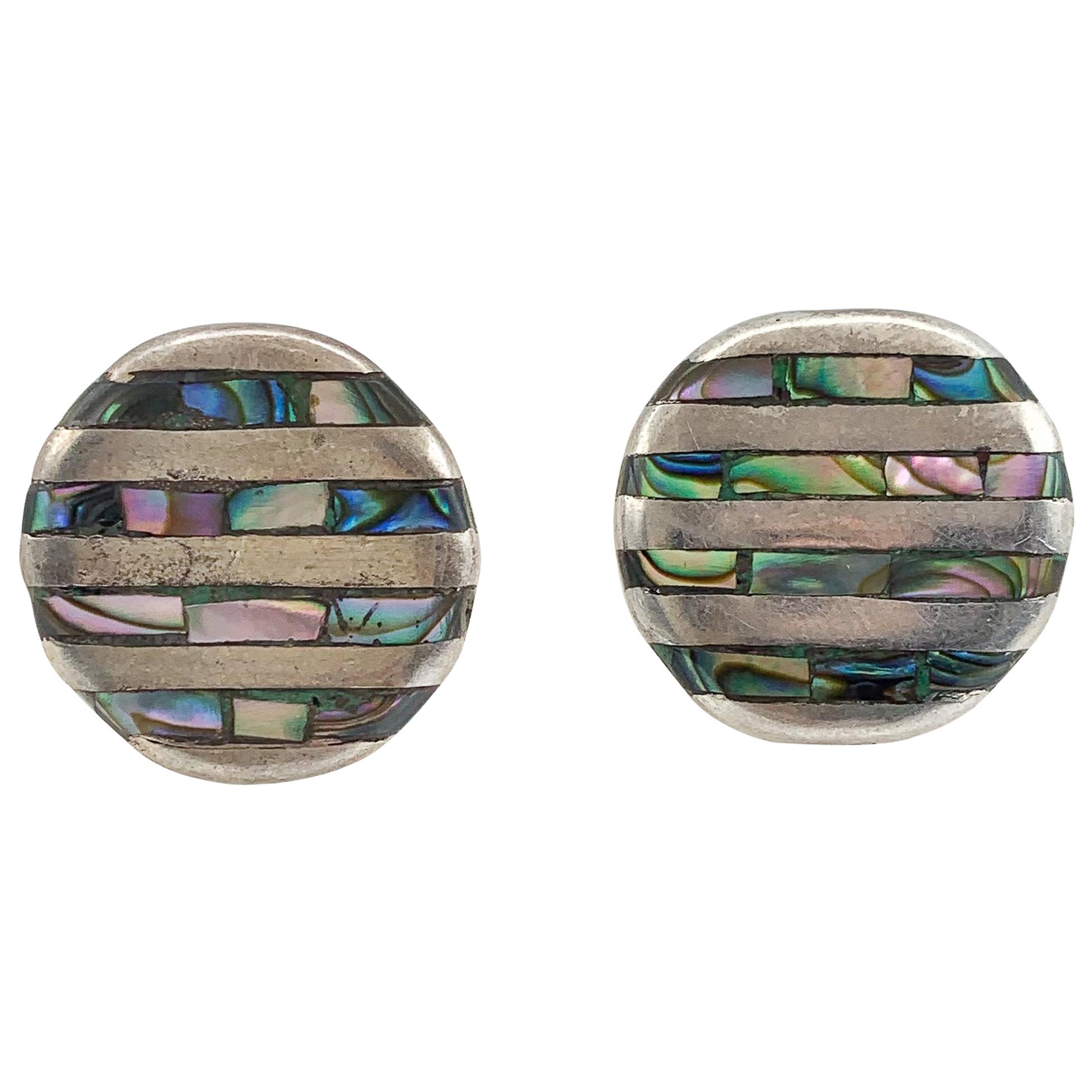 Lovely Round Silver & Abalone Shell Stud Earrings For Sale