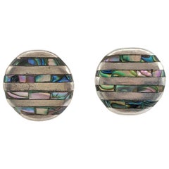 Vintage Lovely Round Silver & Abalone Shell Stud Earrings