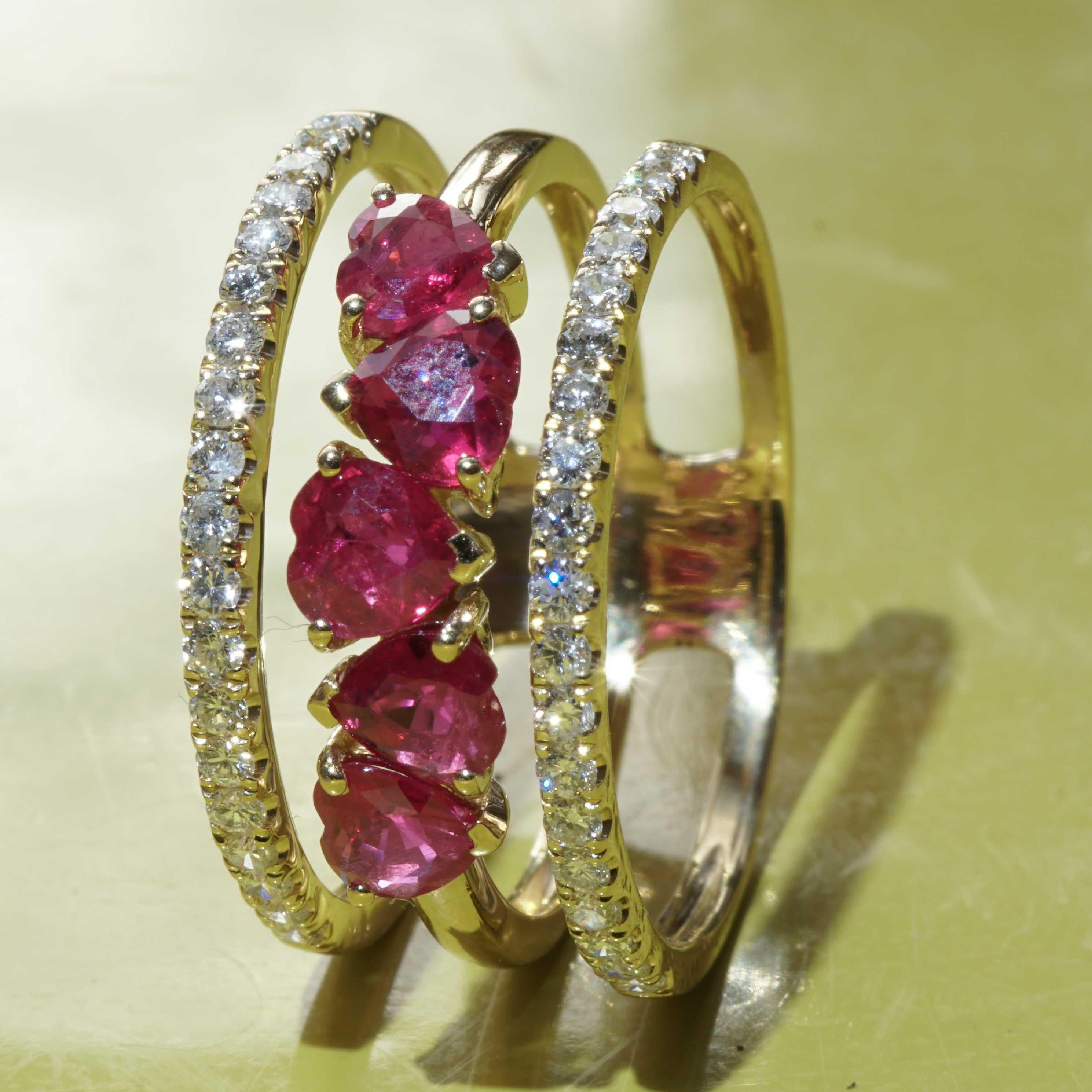 Lovely Ruby Brilliant Ring 5 Hearts 1.20 ct and 0.40 ct beautiful Quality  1