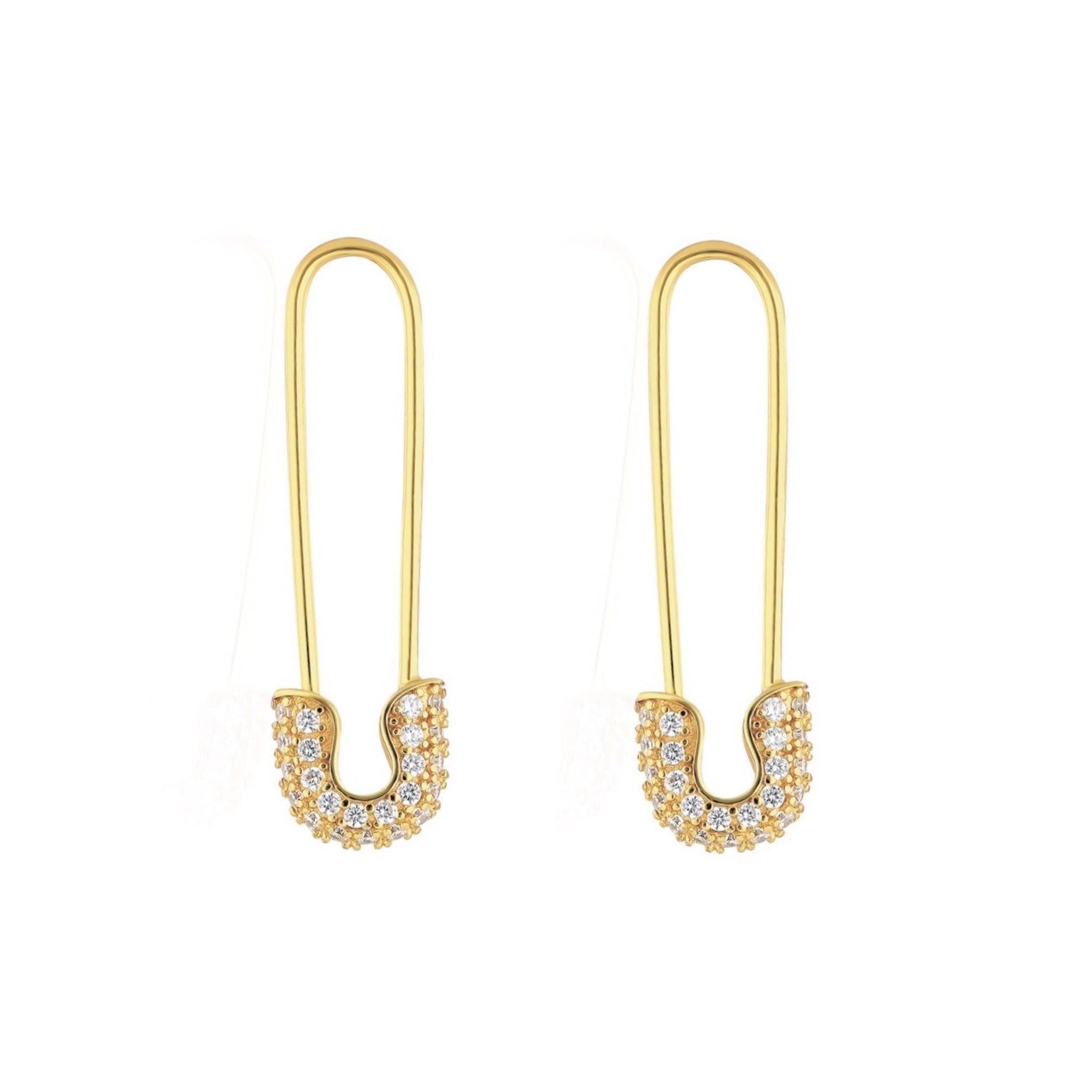 92 Diamonds 18K Yellow Gold Safety Pin Diamond Earrings In New Condition For Sale In Los Angeles, CA