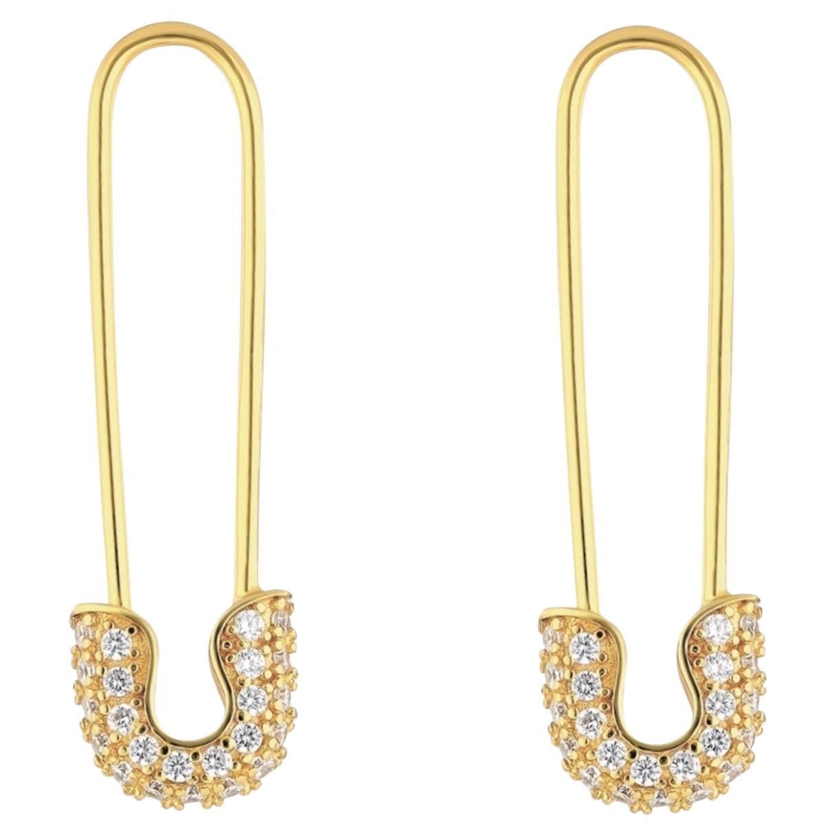 92 Diamonds 18K Yellow Gold Safety Pin Diamond Earrings For Sale