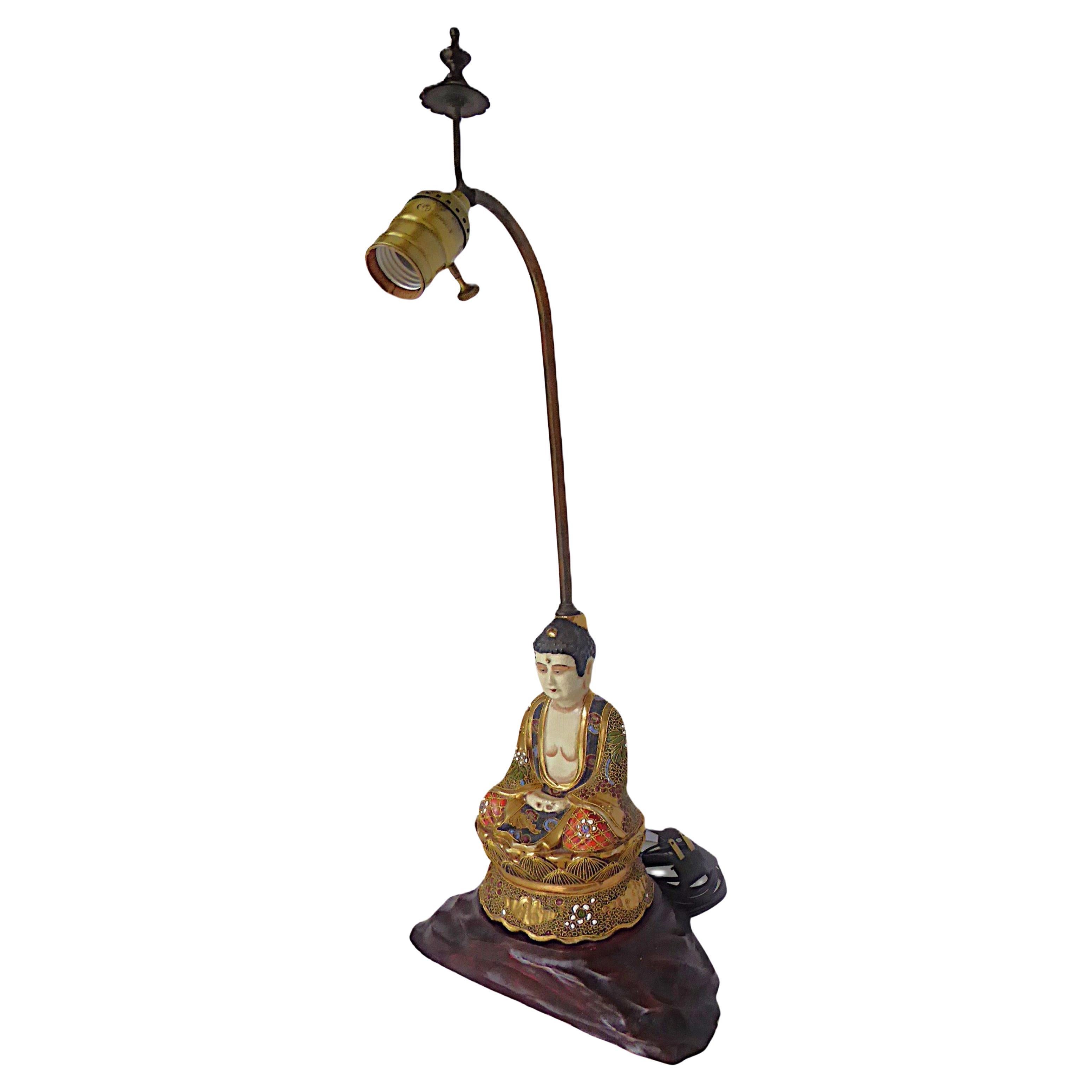 Lovely Satsuma Pottery of Meditating Buddha Figure, Table Lamp Japan 1950s For Sale