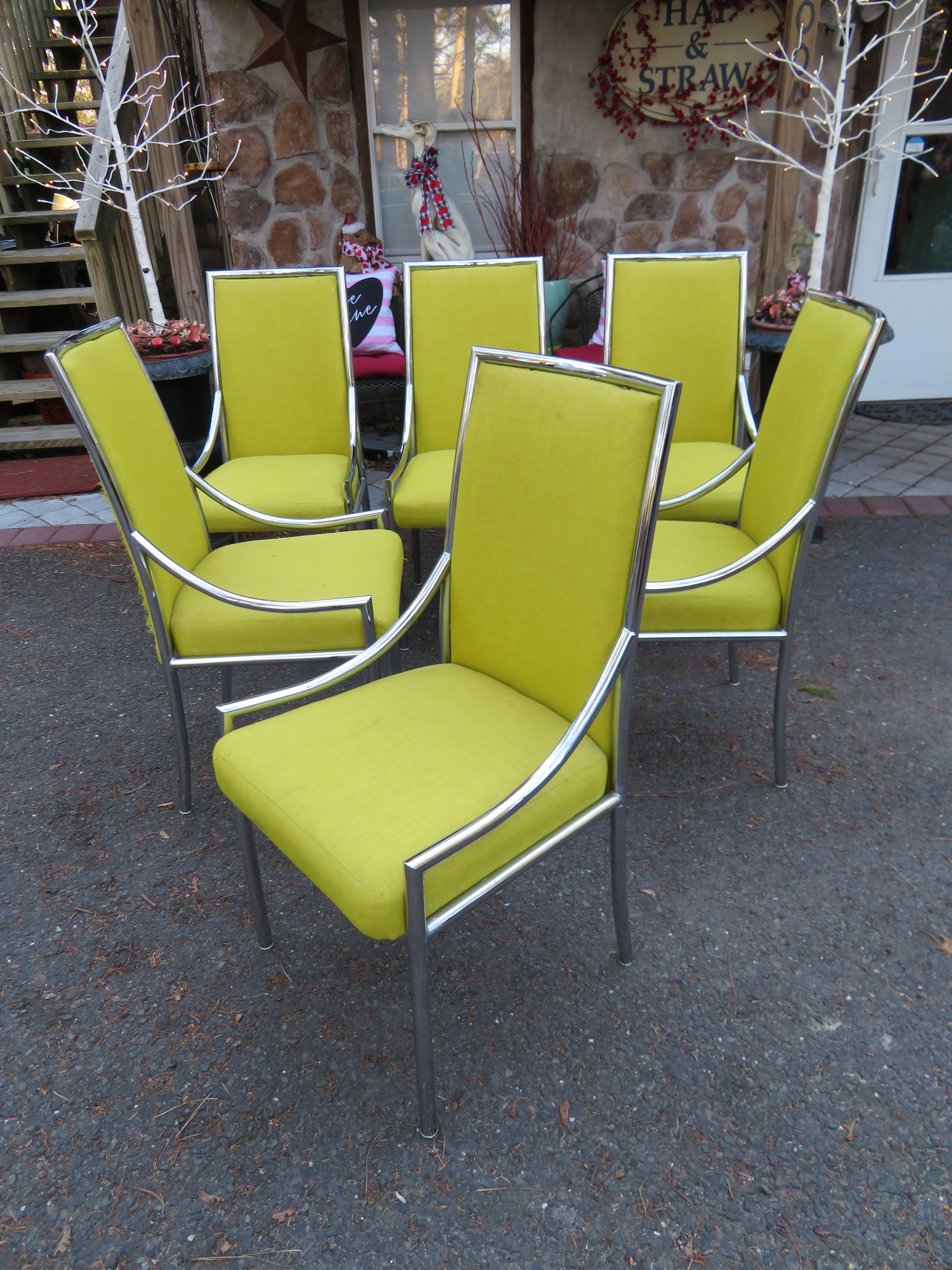 Lovely Set 6 Milo Baughman Style Chrome Dining Chairs Mid-Century Modern For Sale 9