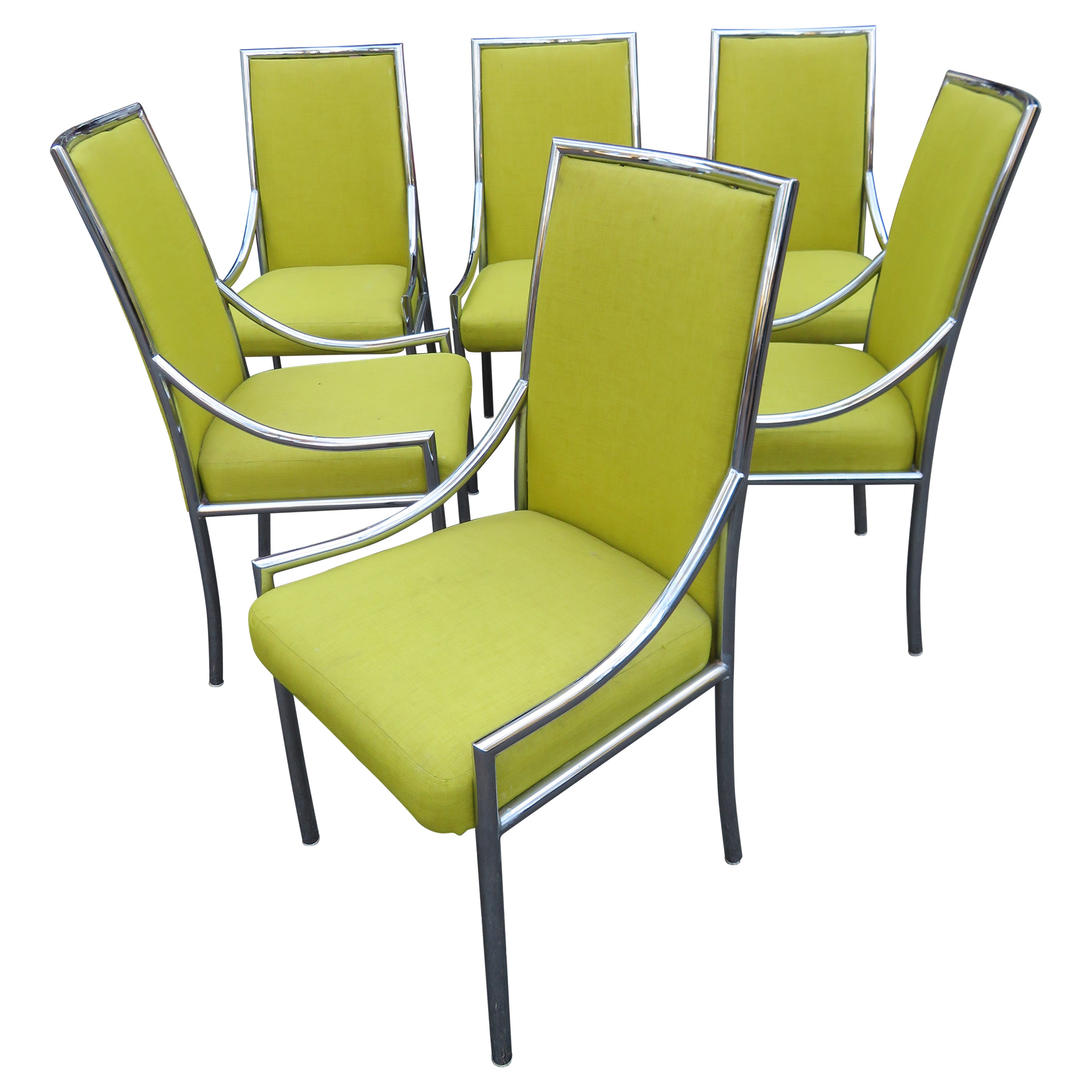 Precioso juego de 6 sillas de comedor cromadas estilo Milo Baughman Moderno de mediados de siglo