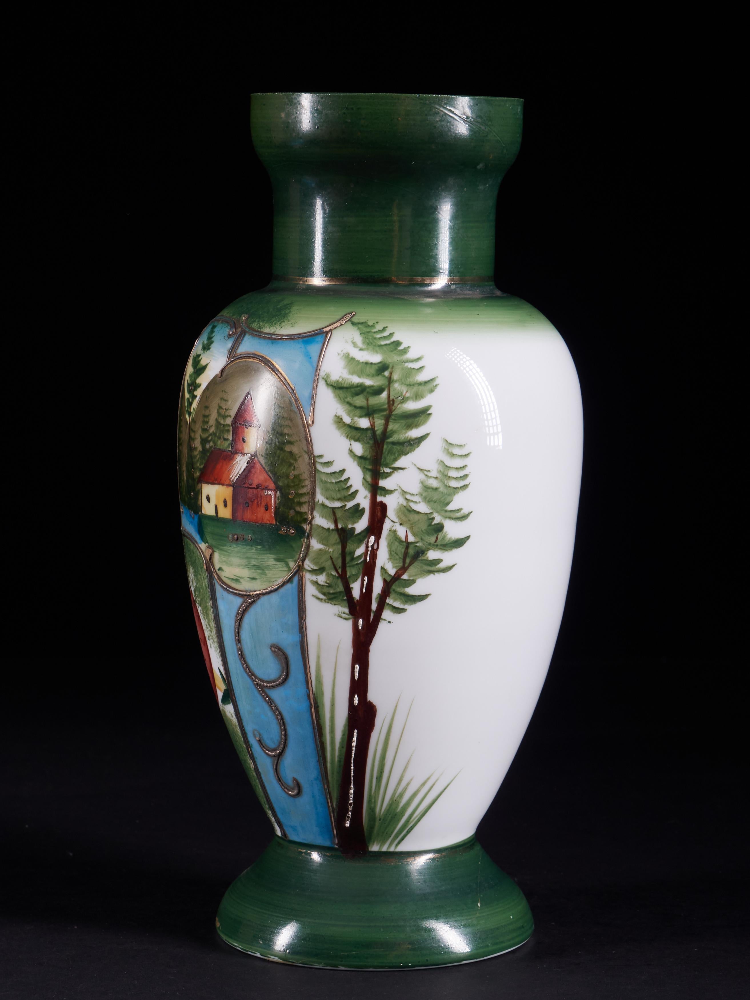 European Lovely Set of 2 Vintage Vases with Handpainted Rural Scene and Gold Finish For Sale