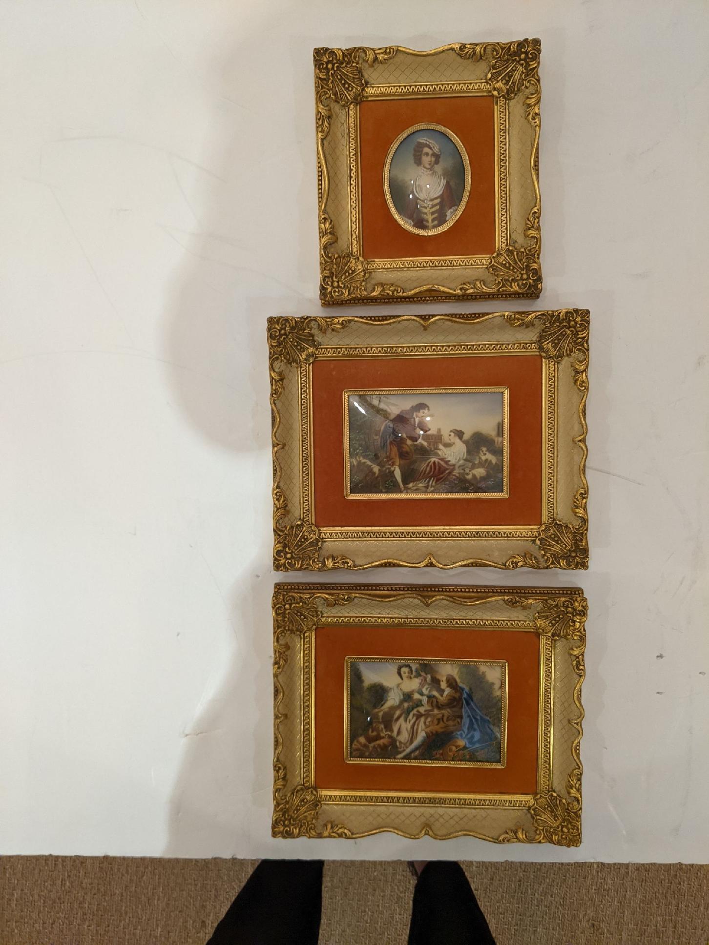 Lovely set of 3 French romantic antique paintings on polymer, matted in plush orange velvet and fancy giltwood frames. Subjects are 18th century romantic rendezvous including shepherd and shpherdesss signed Geffie; lady and Gentleman of the court