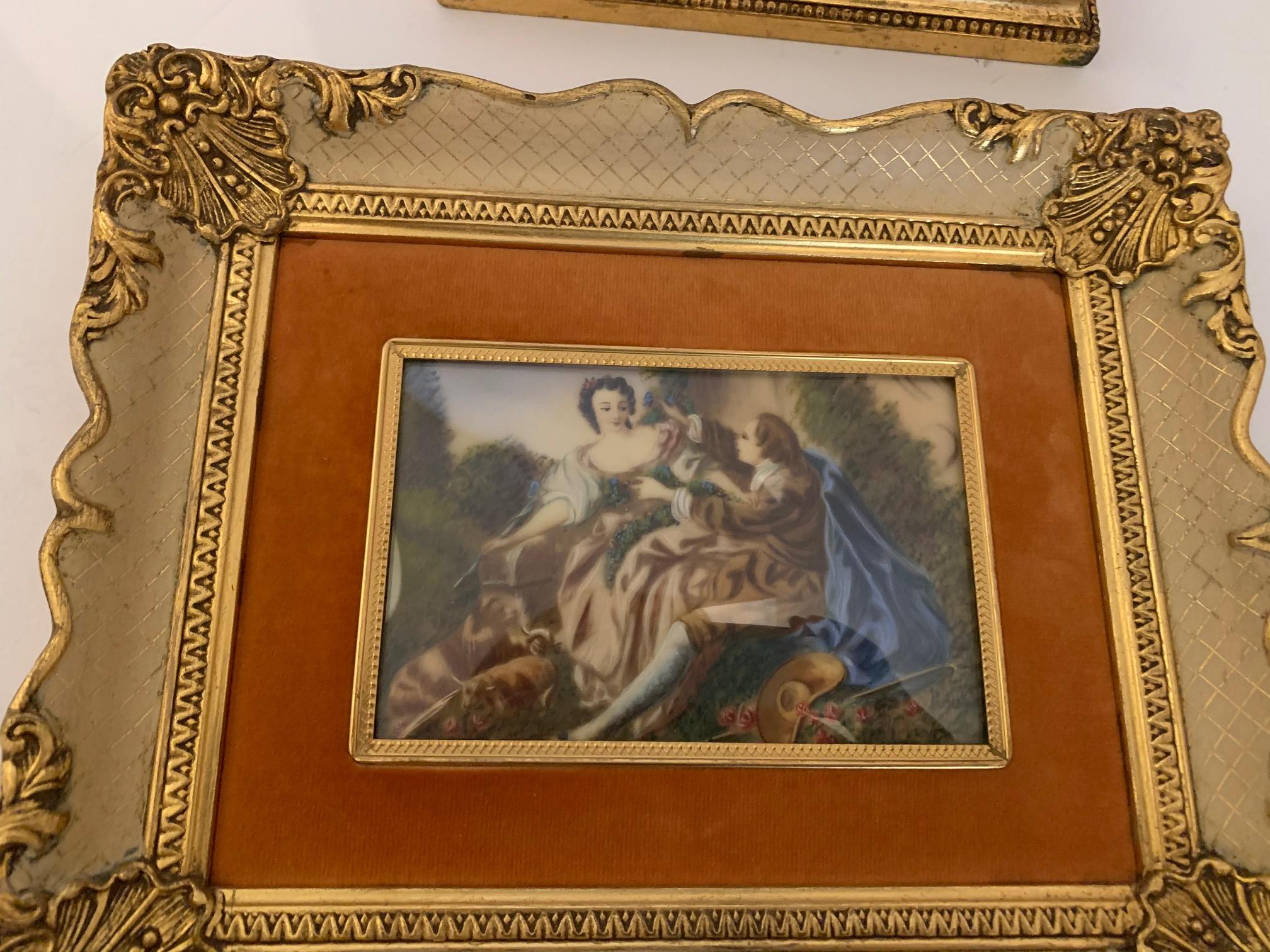 Early 20th Century Lovely Set of 3 French Romantic Antique Paintings on Polymer For Sale