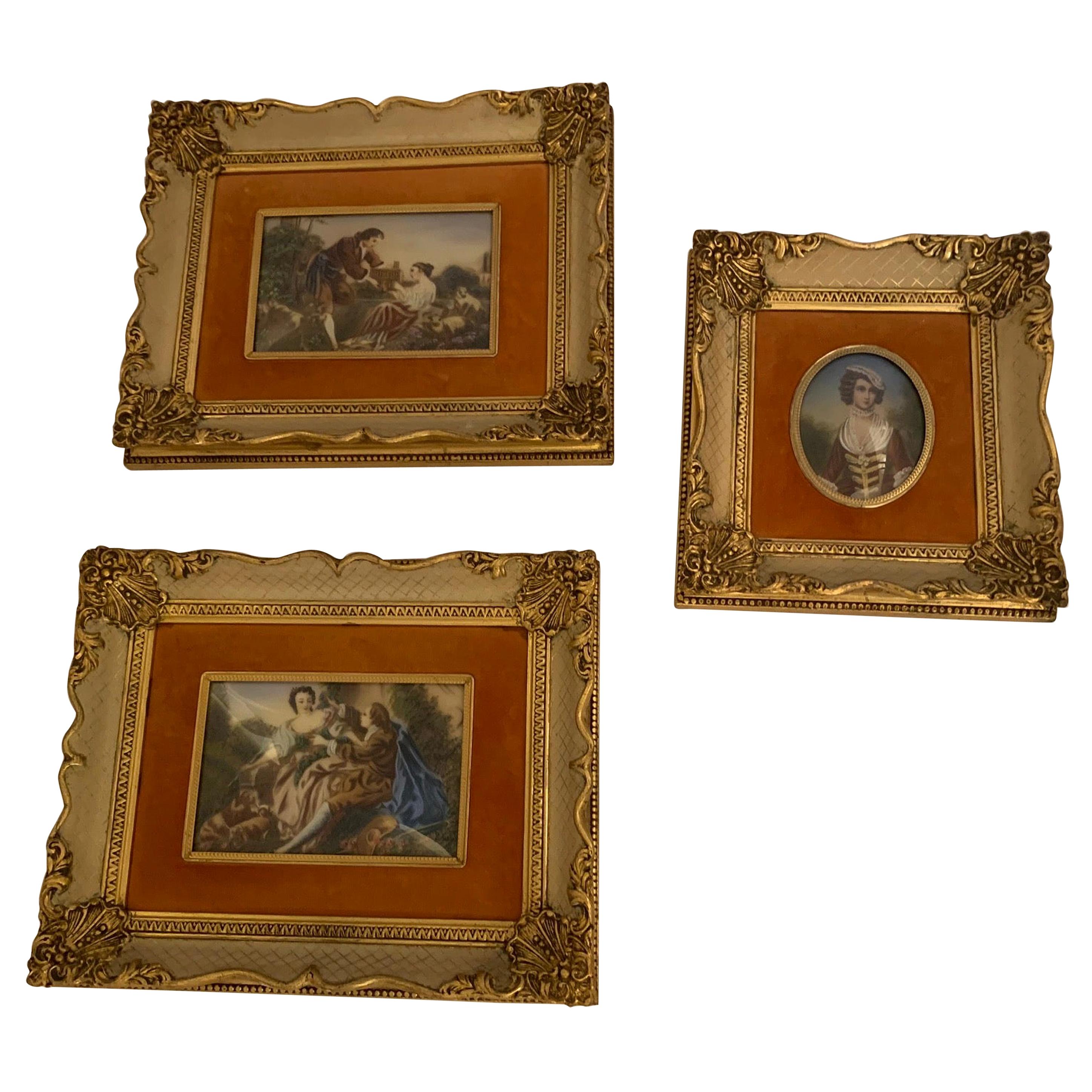 Lovely Set of 3 French Romantic Antique Paintings on Polymer For Sale