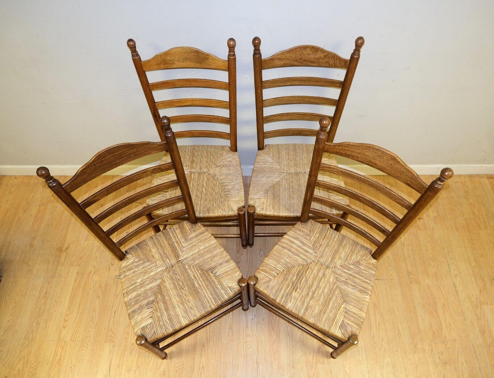 Country LOVELY SET OF 4 OAK FARMHOUSE RUSH SEAT LADDER BACK DiNING CHAIRS