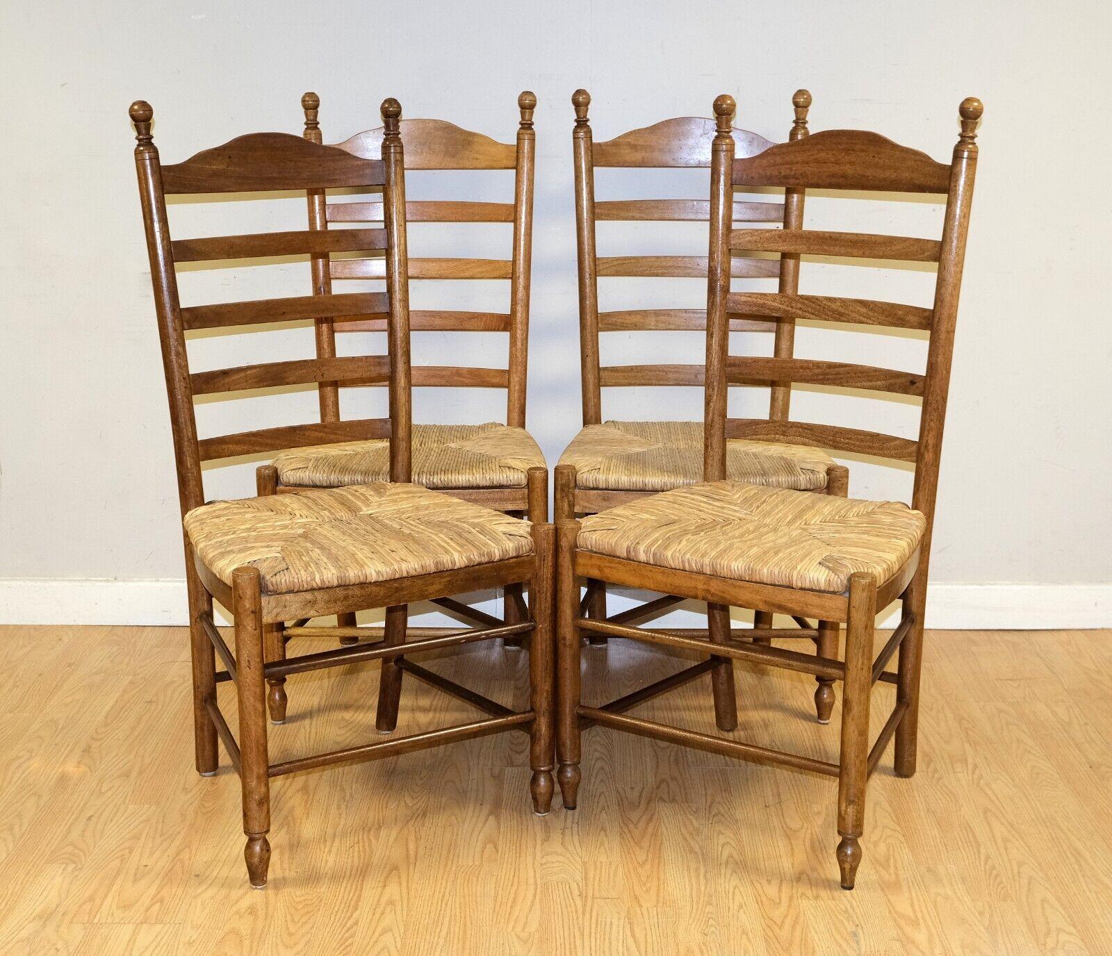 English LOVELY SET OF 4 OAK FARMHOUSE RUSH SEAT LADDER BACK DiNING CHAIRS