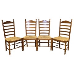 LOVELY SET OF 4 OAK FARMHOUSE RUSH SEAT LADDER BACK DiNING CHAIRS