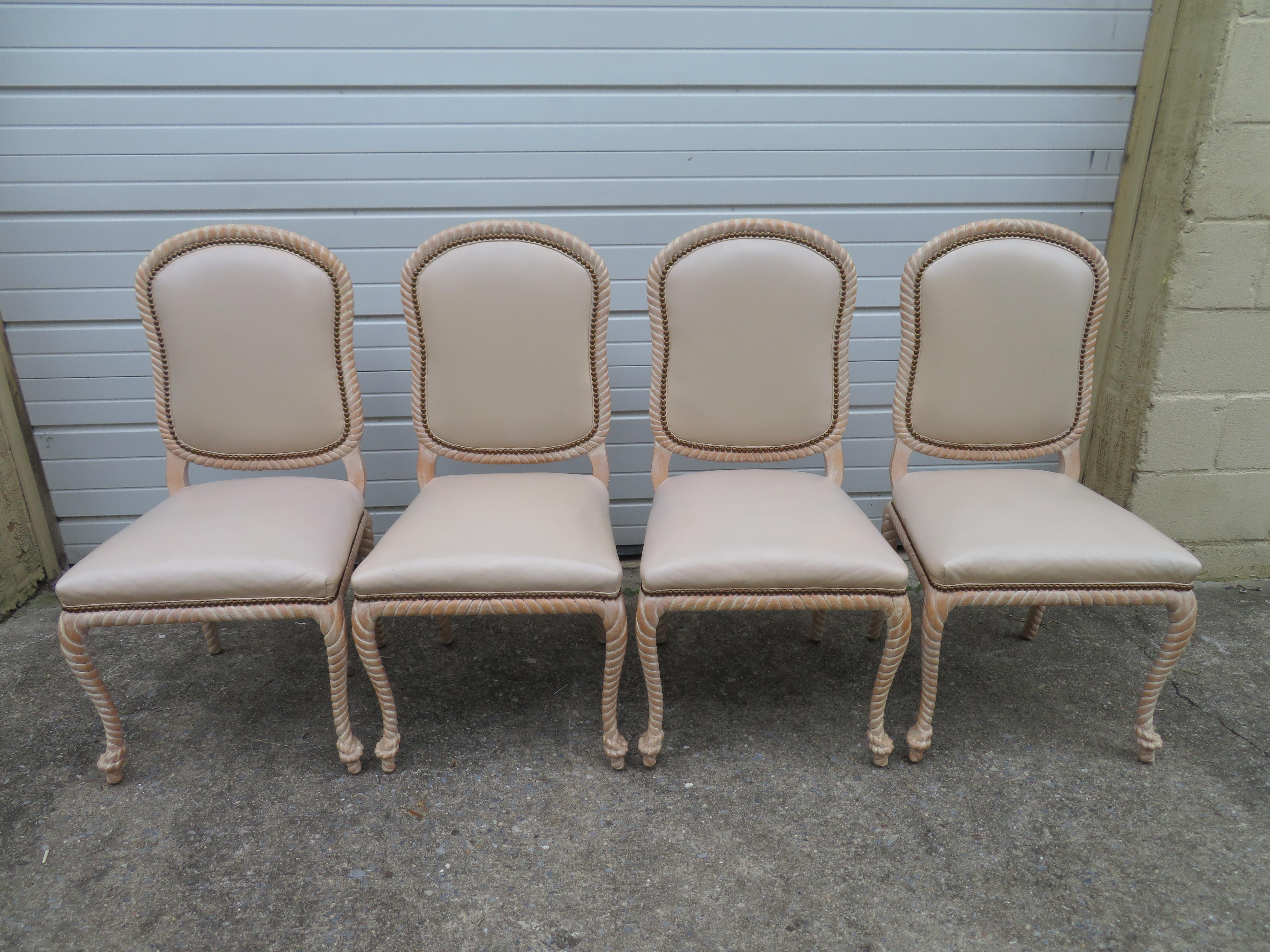 Lovely Set of 4 Vintage Carved Rope Dining Chairs Mid-Century Modern For Sale 6
