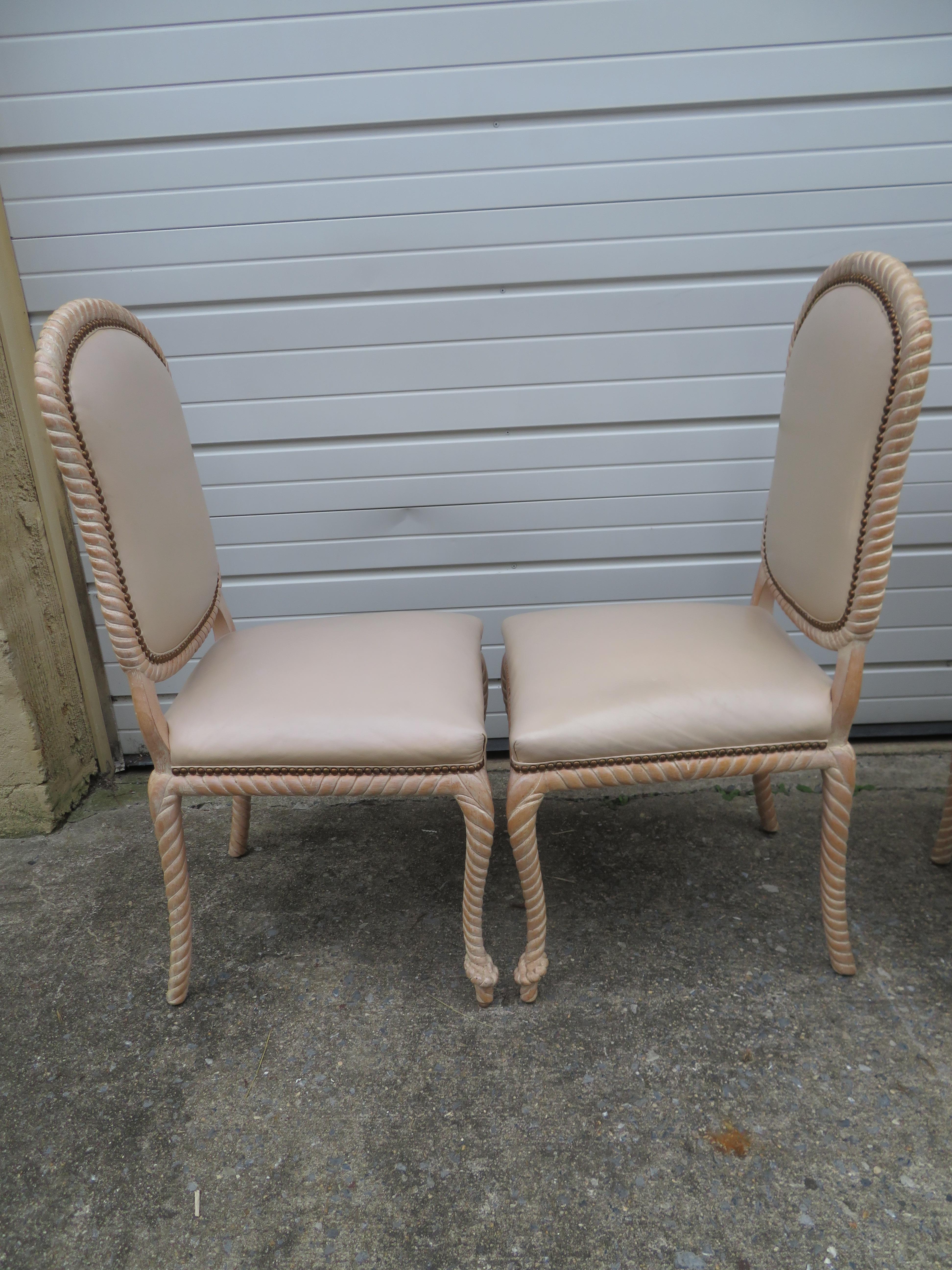 Hollywood Regency Lovely Set of 4 Vintage Carved Rope Dining Chairs Mid-Century Modern For Sale