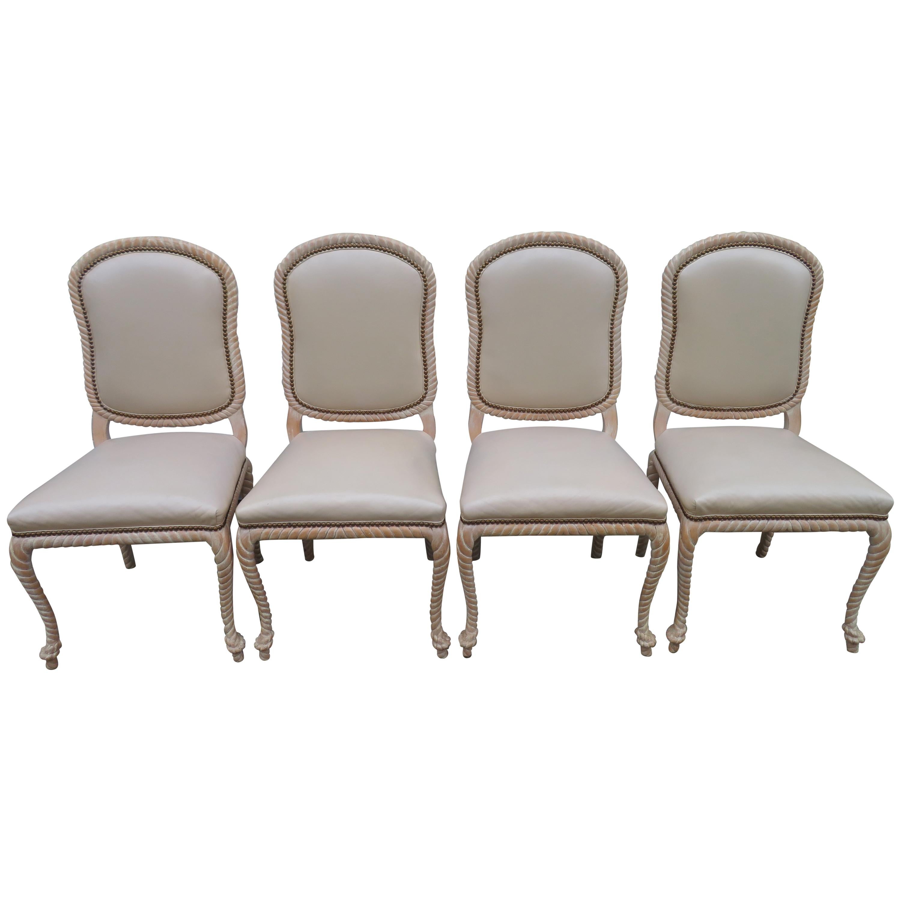 Ravissant ensemble de 4 chaises de salle à manger vintage en corde sculptée, mi-siècle moderne