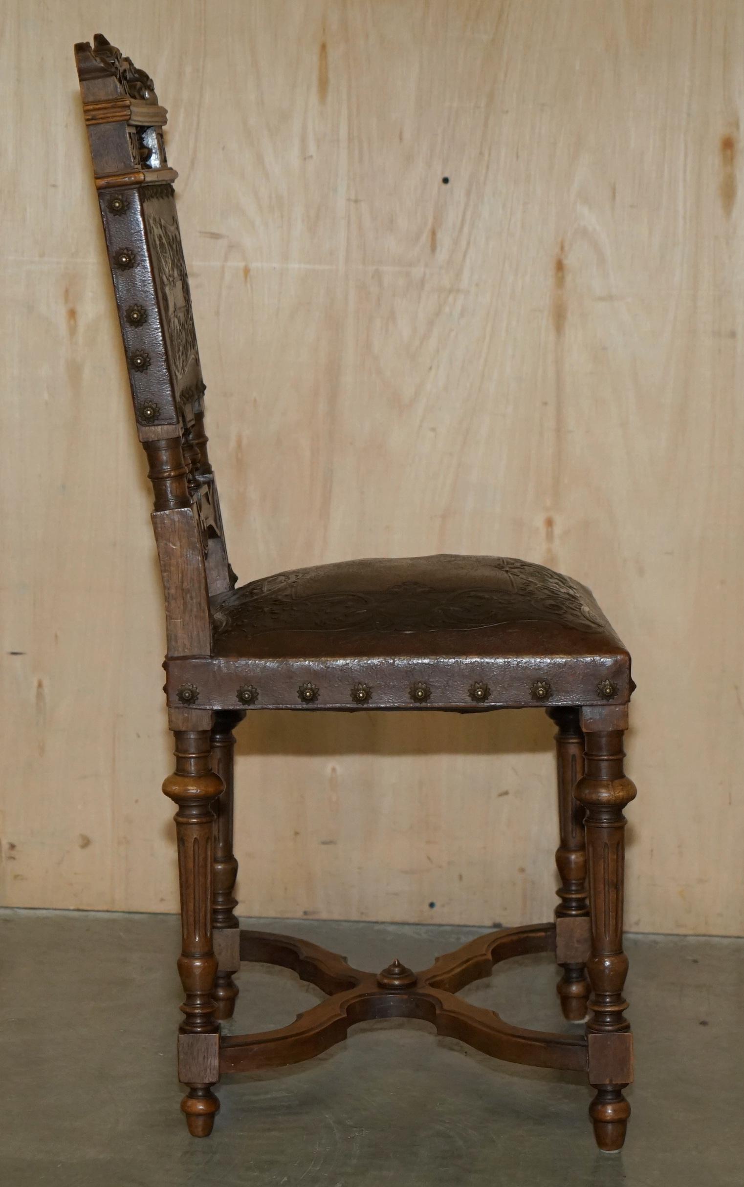 LOVELY SET OF 6 HENRY II CIRCA 1880 FRENCH OAK & EMBOSSED LEATHER DINING CHAIRs For Sale 9