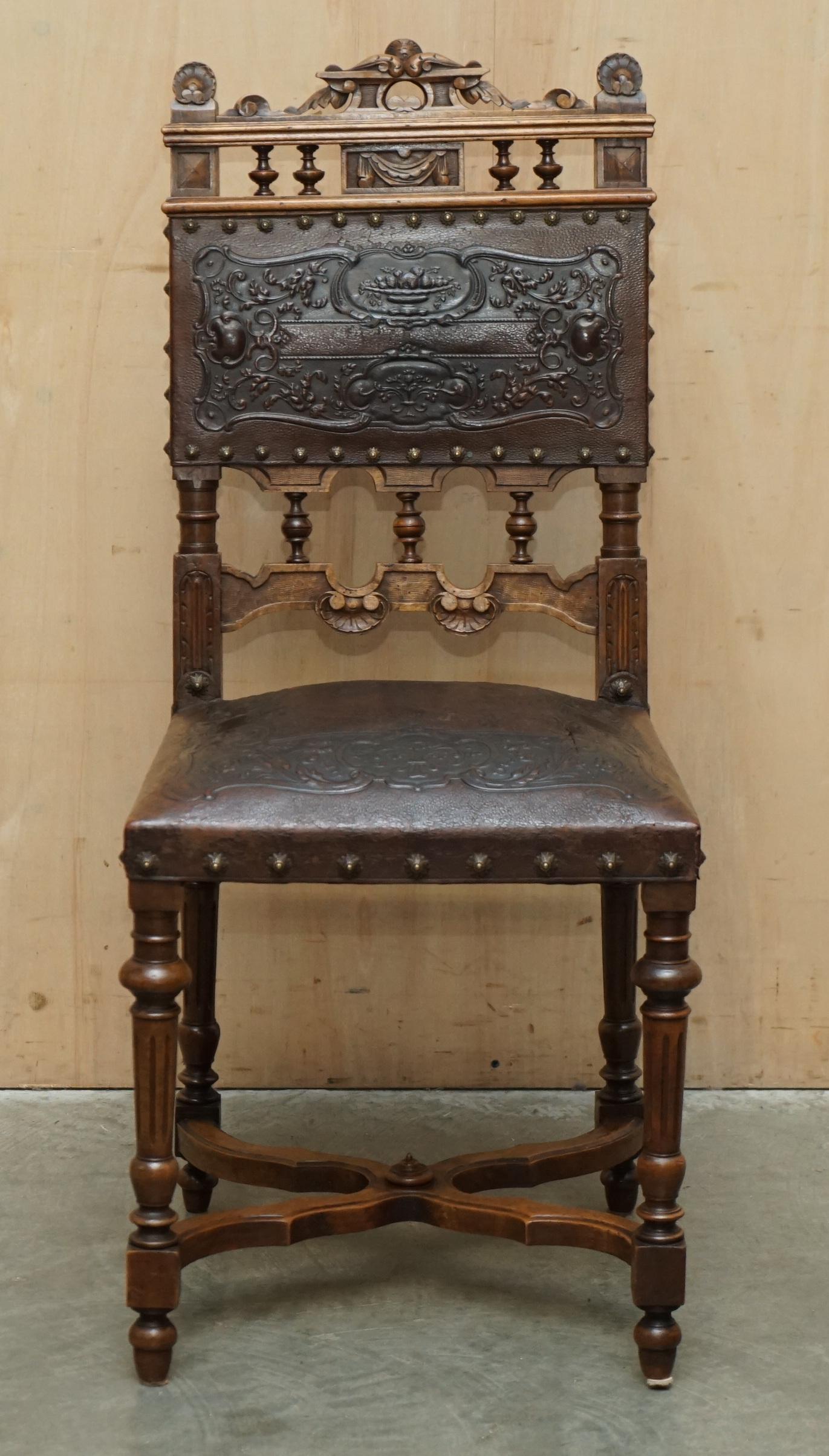 High Victorian LOVELY SET OF 6 HENRY II CIRCA 1880 FRENCH OAK & EMBOSSED LEATHER DINING CHAIRs For Sale