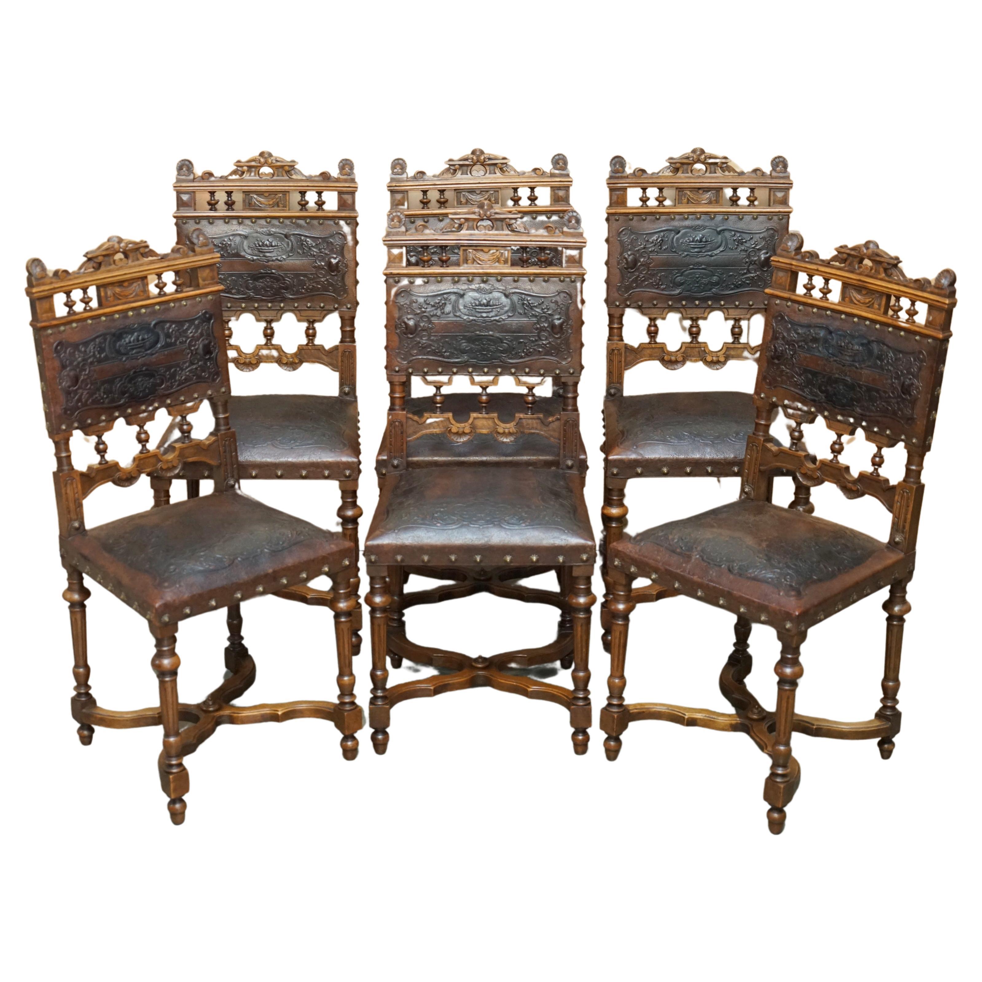 LOVELY SET OF 6 HENRY II CIRCA 1880 FRENCH OAK & EMBOSSED LEATHER DINING CHAIRs For Sale