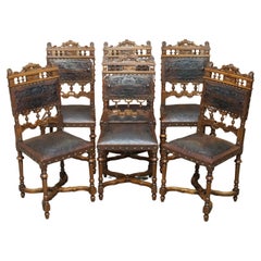 LOVELY SET OF 6 HENRY II CIRCA 1880 FRENCH OAK & EMBOSSED LEATHER DINING CHAIRs