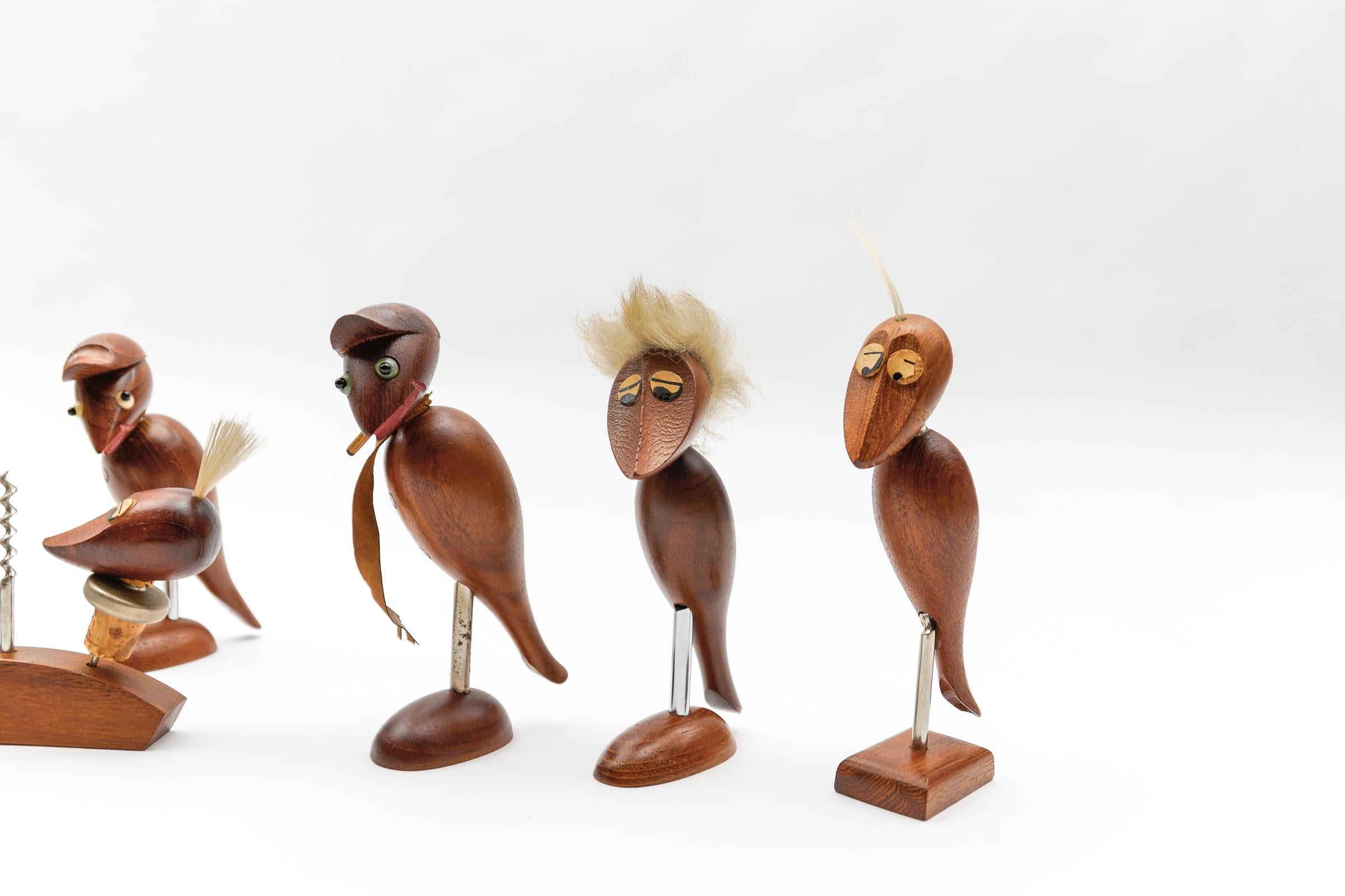Lovely Set of 7 Scandinavian Wooden Woodpecker Corkscrews, 1960s For Sale 2