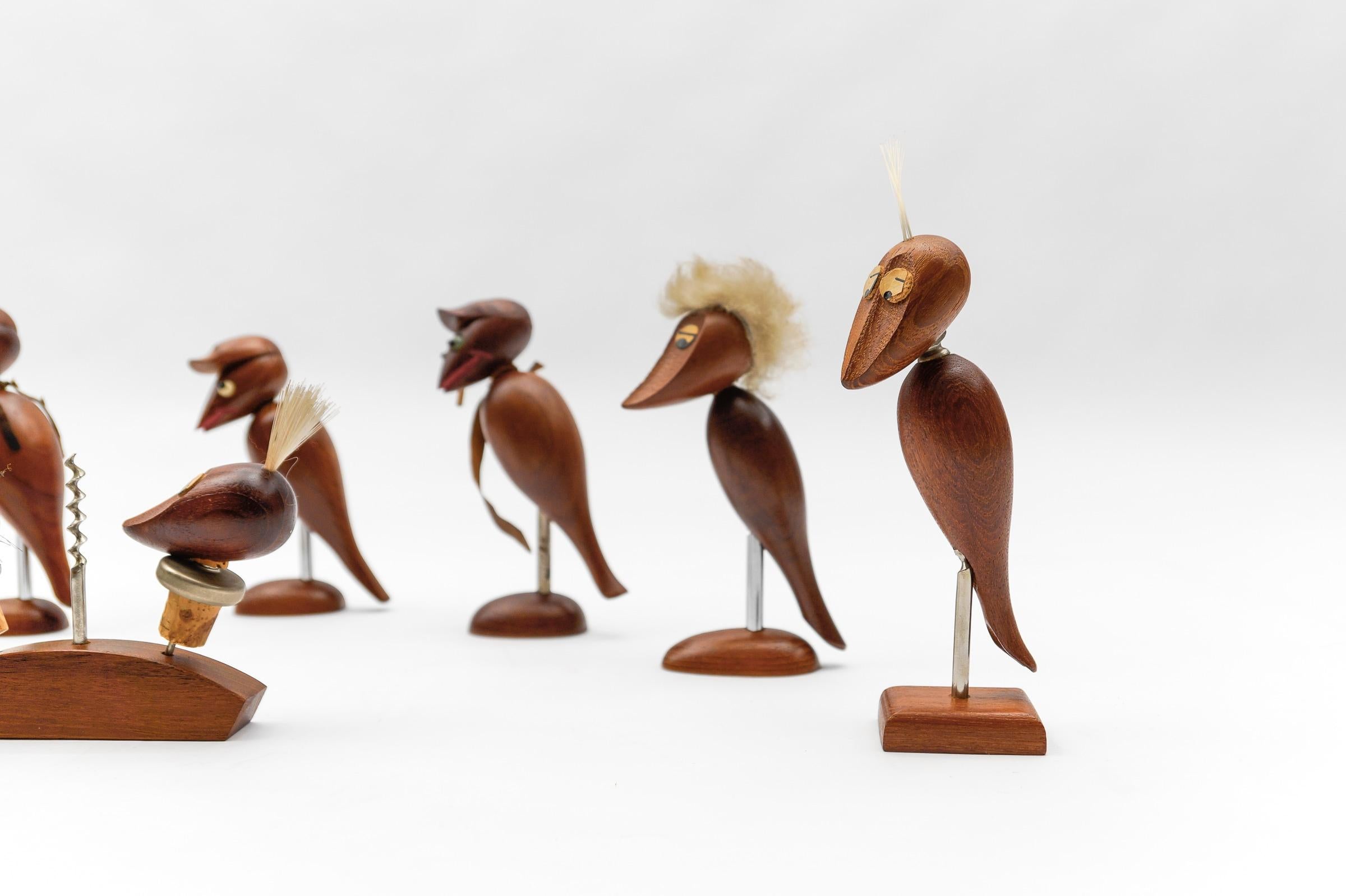 Lovely Set of 7 Scandinavian Wooden Woodpecker Corkscrews, 1960s For Sale 3