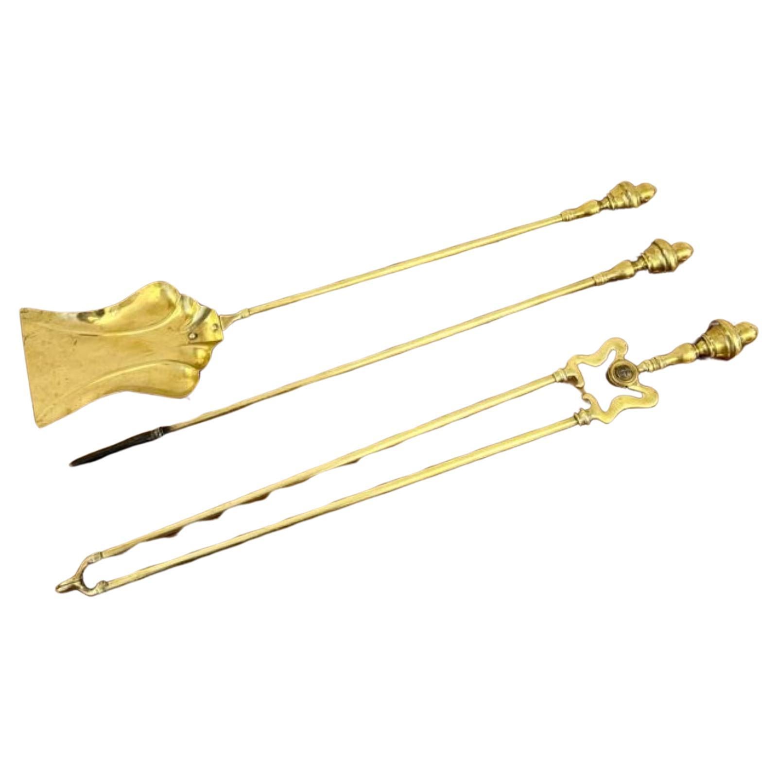 Lovely set of antique Victorian quality brass fire irons For Sale