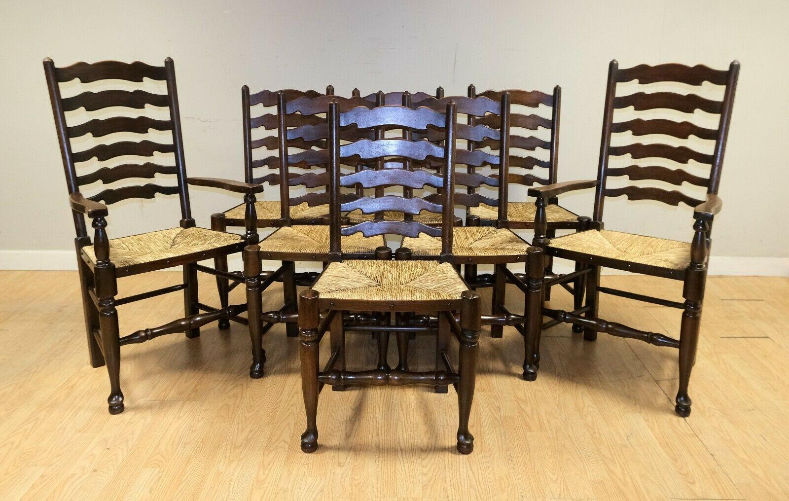 Lovely Set of Eight Elm Ladder Back Dining Chairs on Woven Rush Seat 5