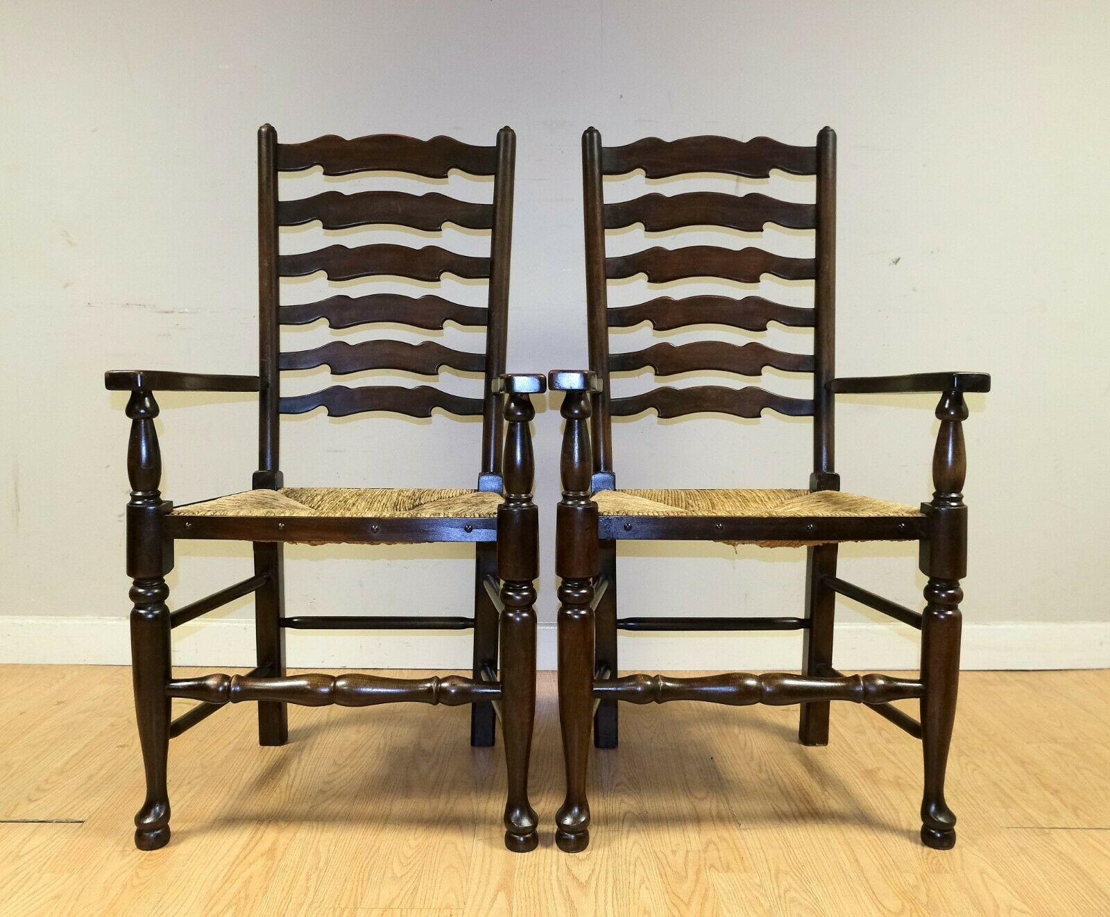 Country Lovely Set of Eight Elm Ladder Back Dining Chairs on Woven Rush Seat