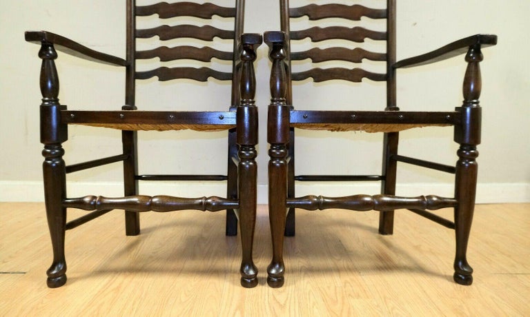 Lovely Set of Eight Elm Ladder Back Dining Chairs on Woven Rush Seat For Sale 1