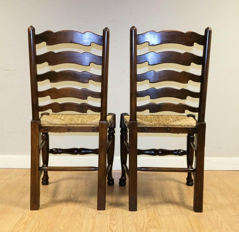 Lovely Set of Eight Elm Ladder Back Dining Chairs on Woven Rush Seat For Sale 3