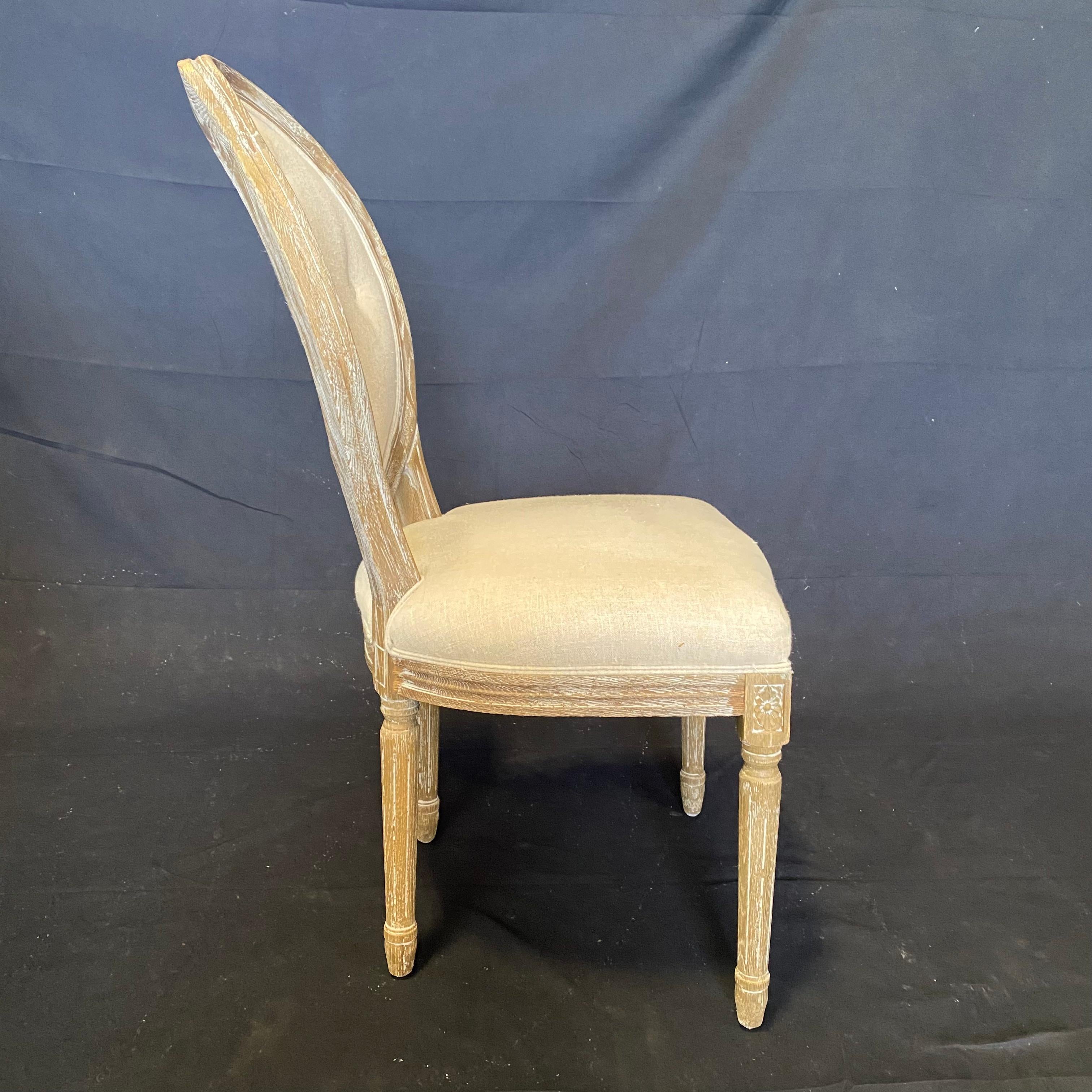 Lovely Set of Eight French Louis XVI Style Cerused Oak Tufted Back Dining Chairs For Sale 4