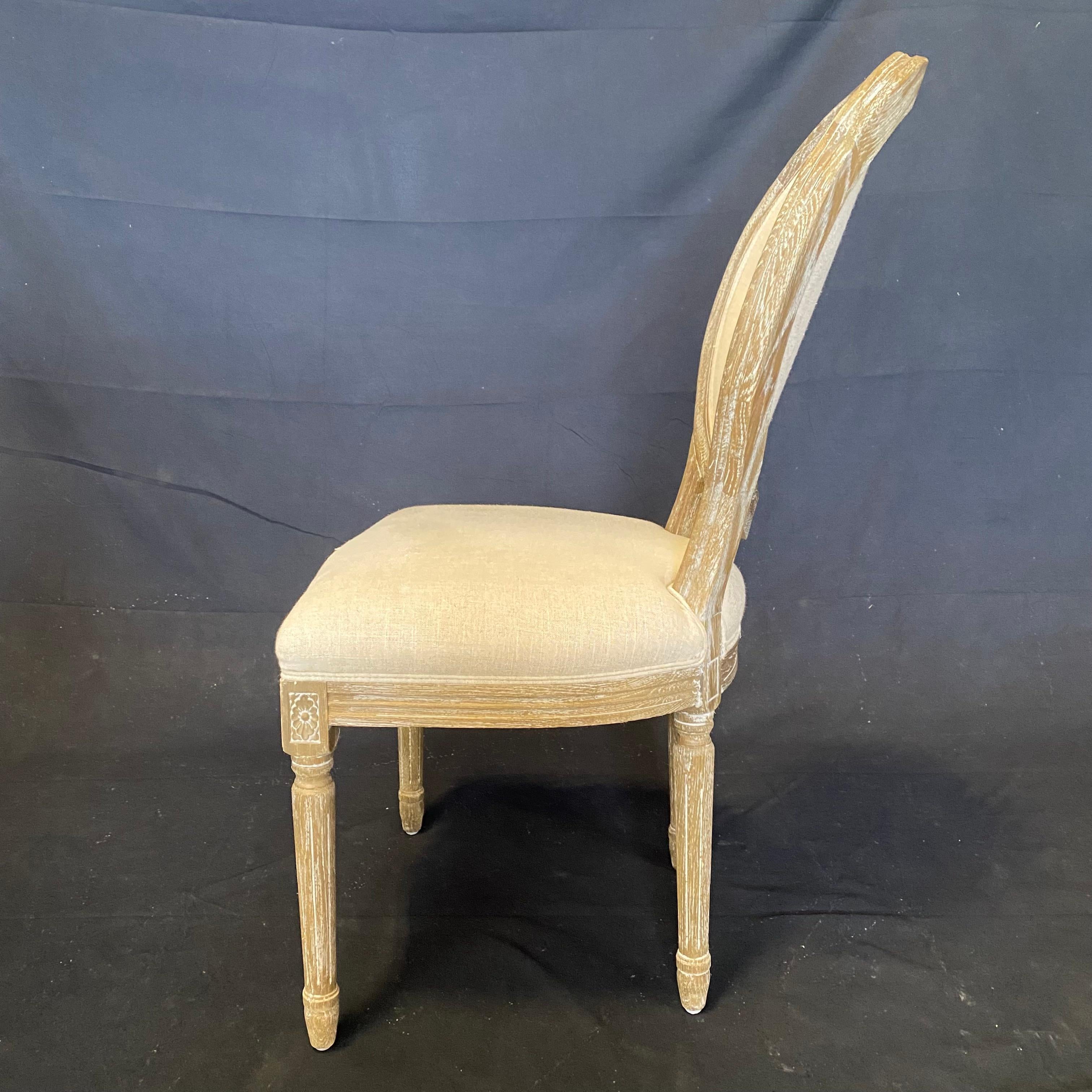 Lovely Set of Eight French Louis XVI Style Cerused Oak Tufted Back Dining Chairs For Sale 5